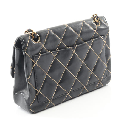 ワイルドステッチ Wチェーンショルダーバッグ レザー ブラック ゴールド金具 シャネル バッグ CHANEL