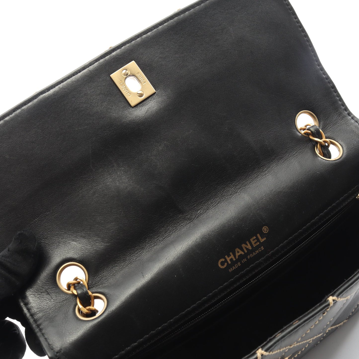 ワイルドステッチ Wチェーンショルダーバッグ レザー ブラック ゴールド金具 シャネル バッグ CHANEL