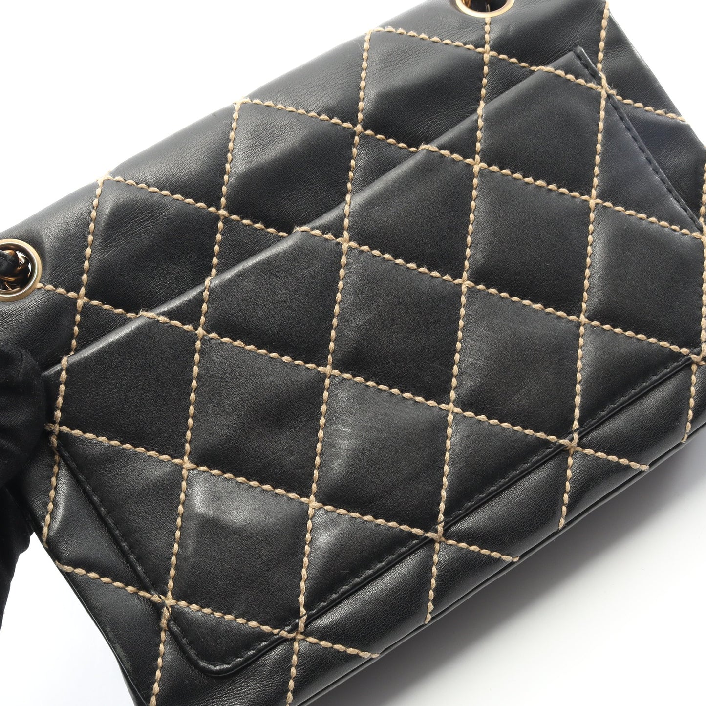 ワイルドステッチ Wチェーンショルダーバッグ レザー ブラック ゴールド金具 シャネル バッグ CHANEL