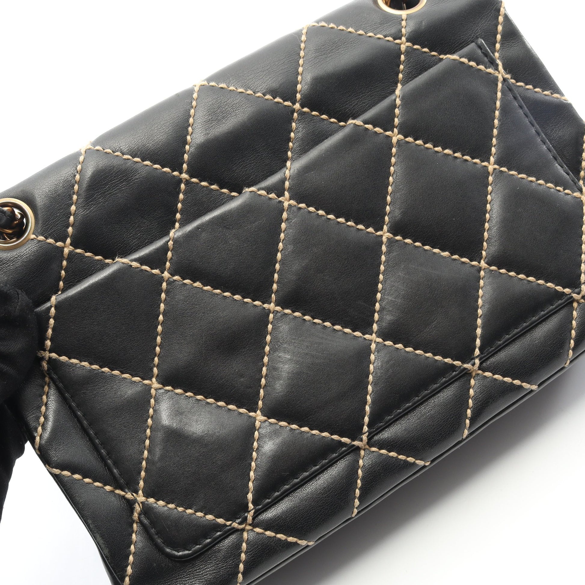 ワイルドステッチ Wチェーンショルダーバッグ レザー ブラック ゴールド金具 シャネル バッグ CHANEL