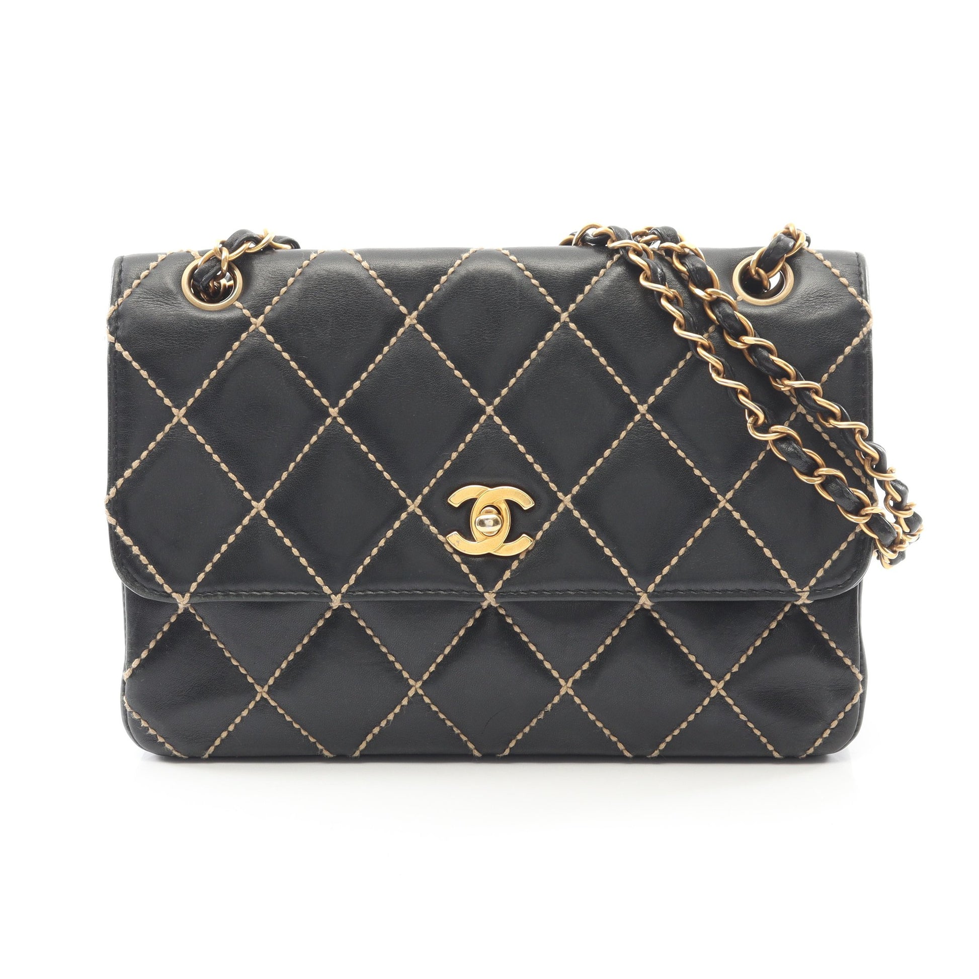 ワイルドステッチ Wチェーンショルダーバッグ レザー ブラック ゴールド金具 シャネル バッグ CHANEL