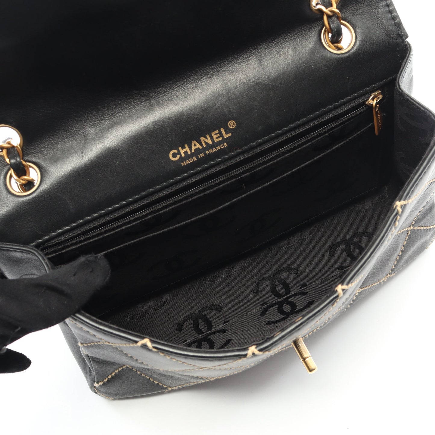 ワイルドステッチ Wチェーンショルダーバッグ レザー ブラック ゴールド金具 シャネル バッグ CHANEL