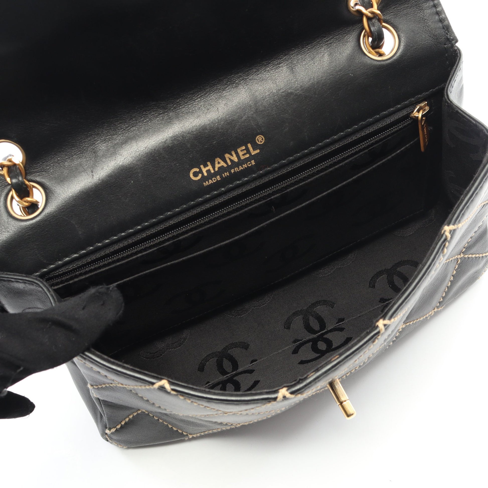 ワイルドステッチ Wチェーンショルダーバッグ レザー ブラック ゴールド金具 シャネル バッグ CHANEL