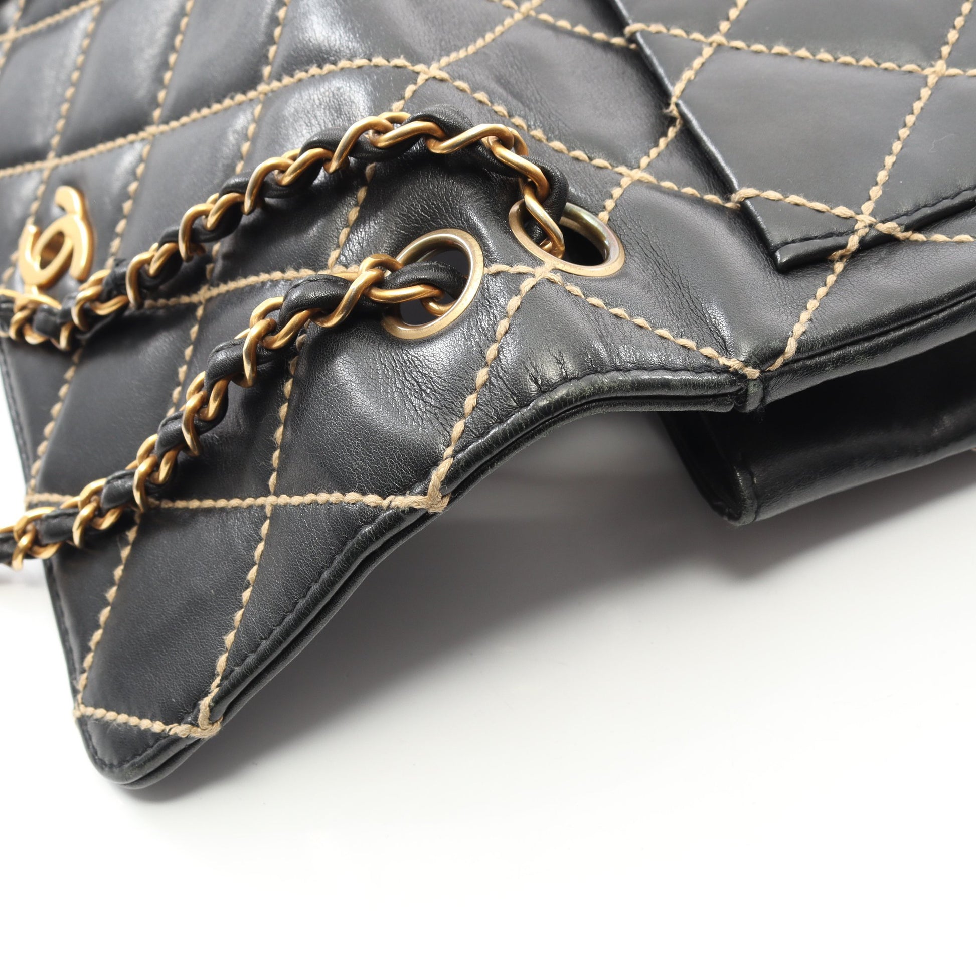 ワイルドステッチ Wチェーンショルダーバッグ レザー ブラック ゴールド金具 シャネル バッグ CHANEL