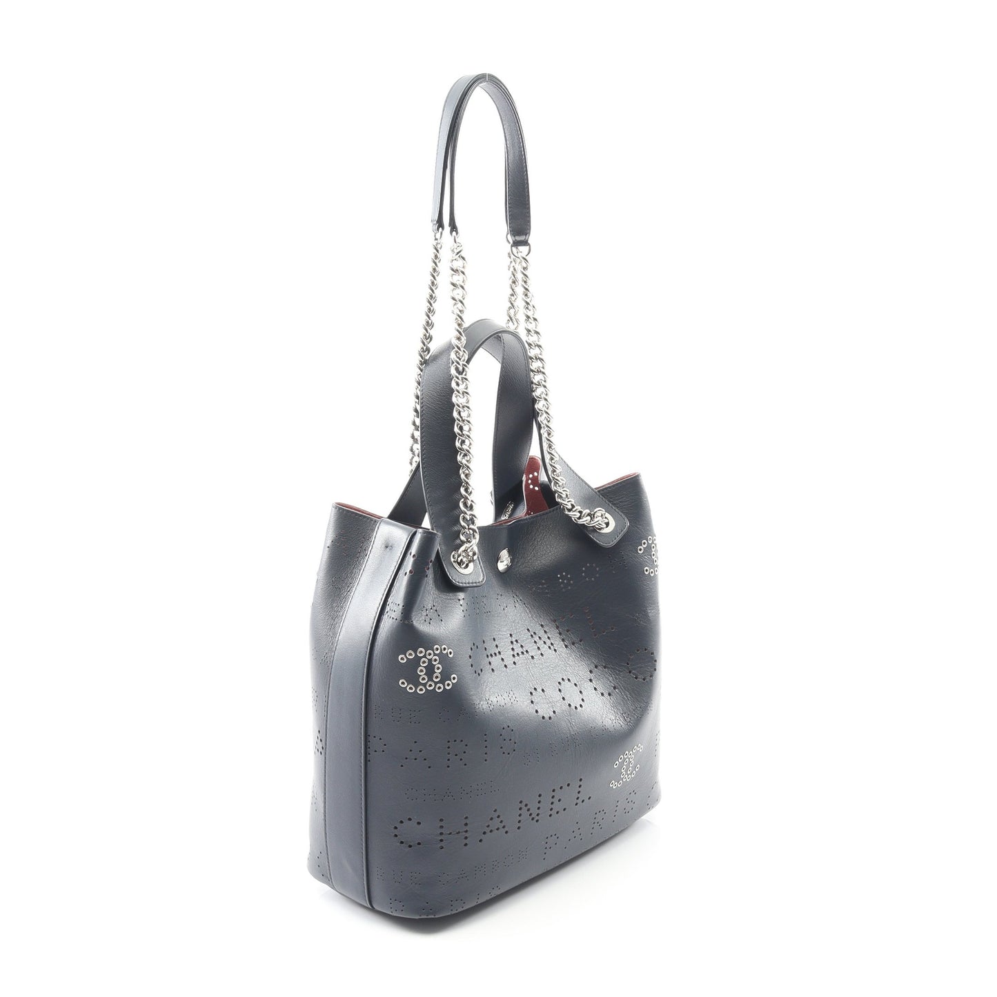 ココマーク チェーンショルダーバッグ パンチングロゴ レザー ネイビー シルバー金具 2WAY シャネル バッグ CHANEL