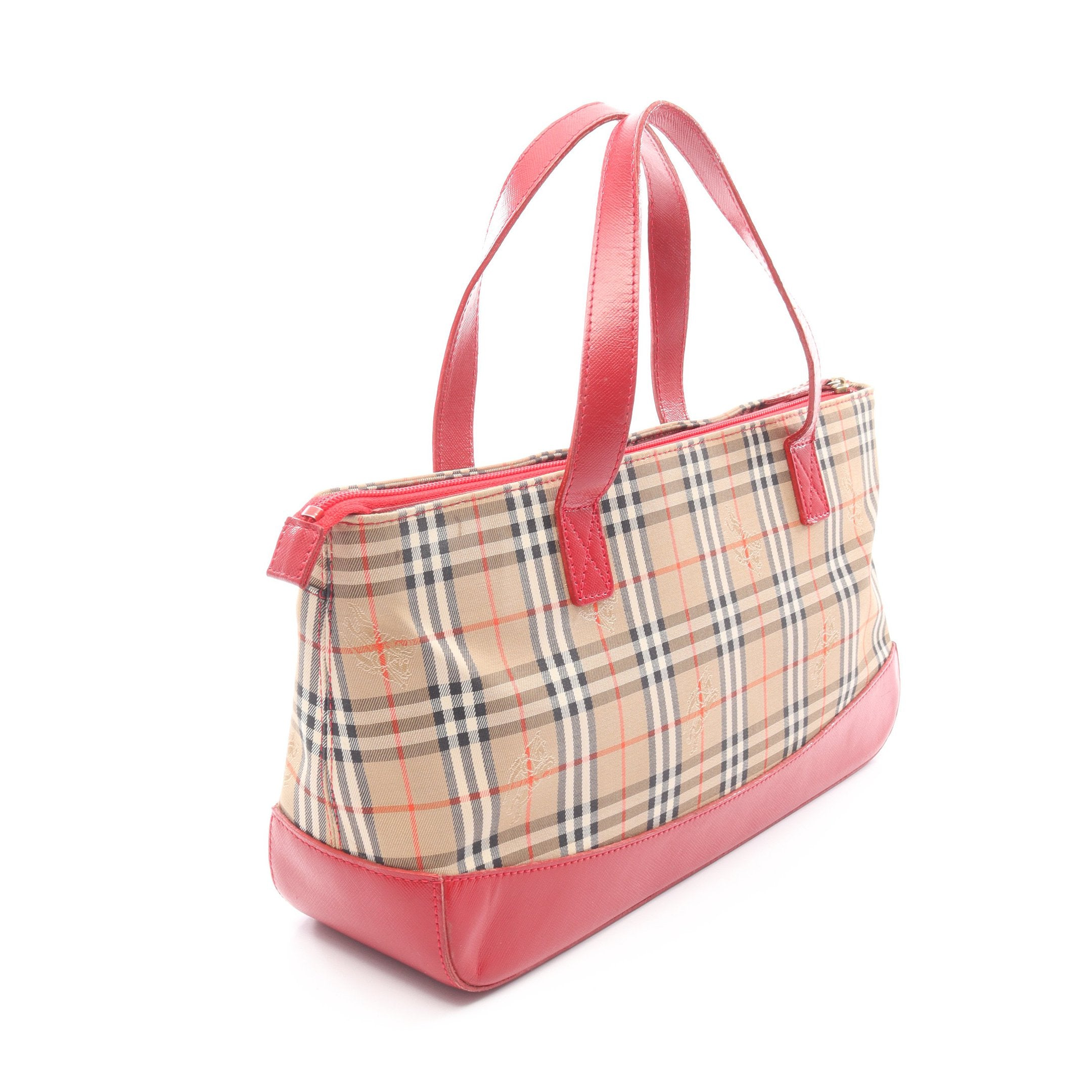 ノバチェック ハンドバッグ キャンバス レザー ベージュ レッド