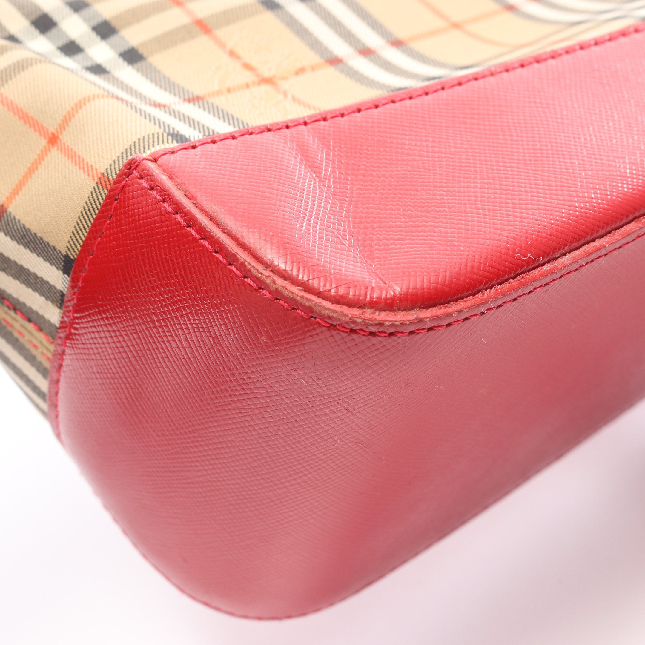 ノバチェック ハンドバッグ キャンバス レザー ベージュ レッド