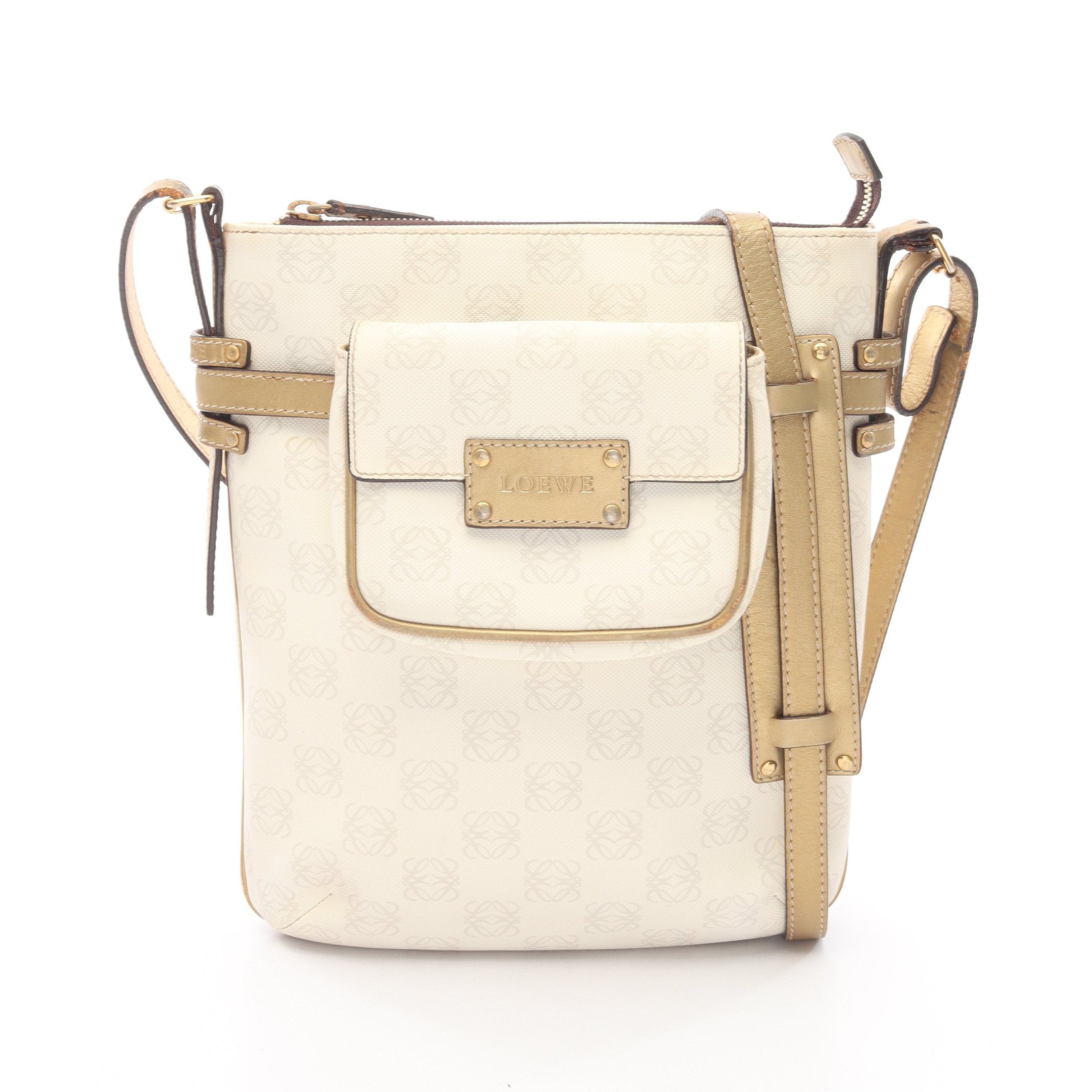 【美品】ロエベ　ショルダーバッグ　レザー　PVC リピートアナグラム　ロゴ金具 リピートアナグラム ショルダーバッグ PVC レザー オフホワイト