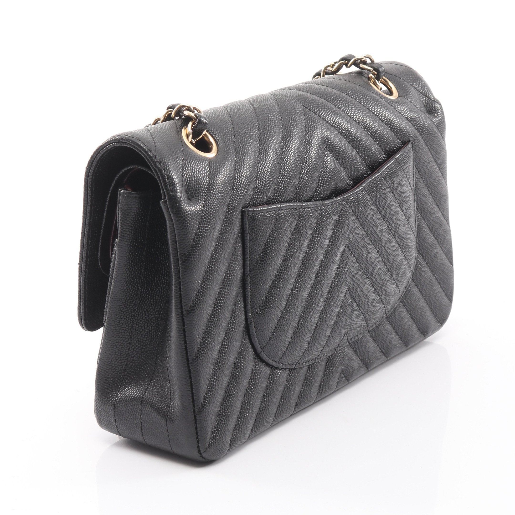 シェブロン Vステッチ Wフラップ Wチェーンショルダーバッグ キャビア