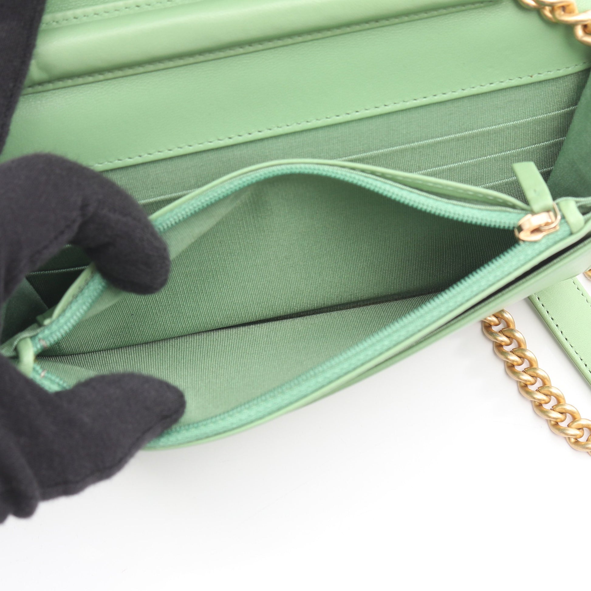 ボーイシャネル マトラッセ チェーンウォレット ラムスキン ライトグリーン ゴールド金具 シャネル バッグ CHANEL
