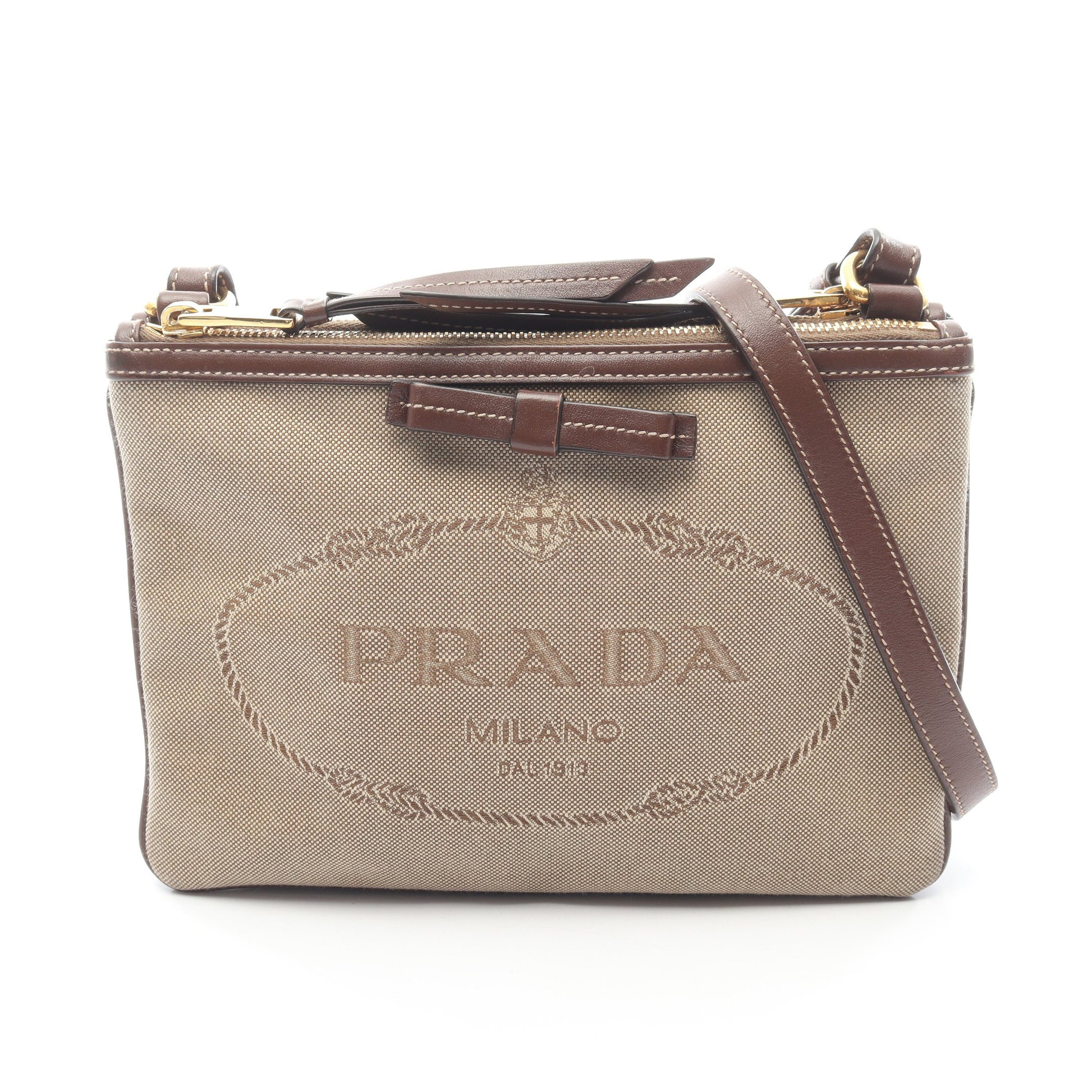 LOGO JACQUARD ロゴジャガード ショルダーバッグ キャンバス レザー ベージュ ダークブラウン プラダ バッグ PRADA