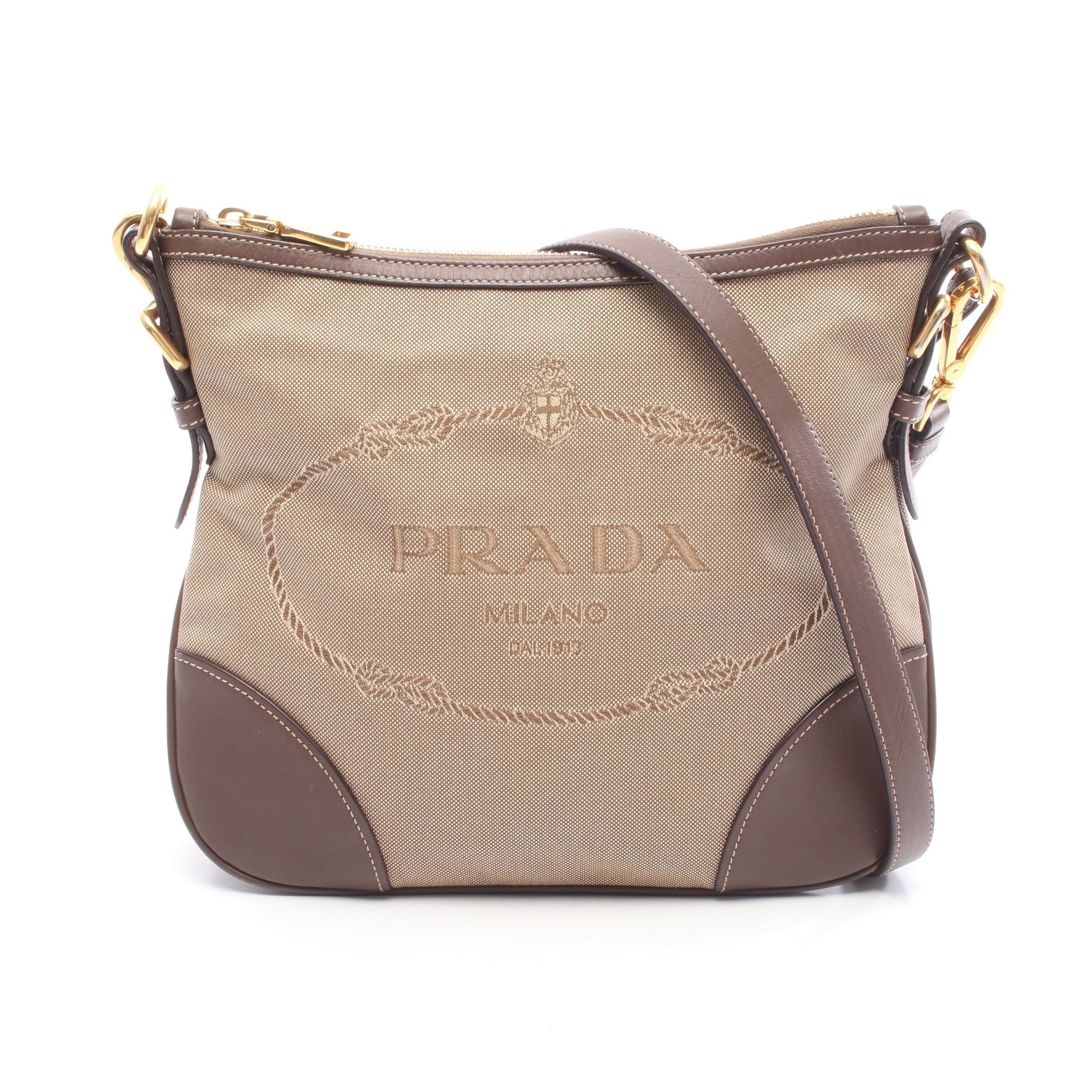 LOGO JACQUARD ロゴ ジャガード ショルダーバッグ キャンバス レザー ベージュ ブラウン プラダ バッグ PRADA