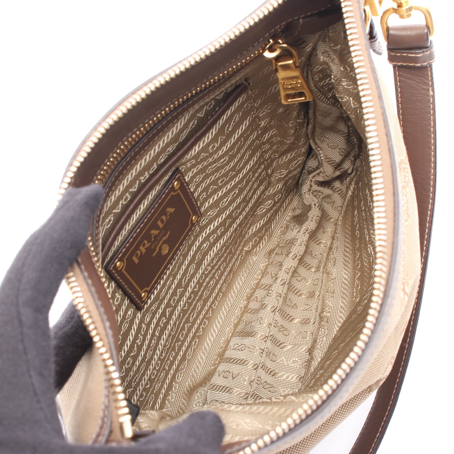 LOGO JACQUARD ロゴ ジャガード ショルダーバッグ キャンバス レザー ベージュ ブラウン プラダ バッグ PRADA