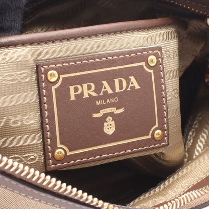 LOGO JACQUARD ロゴ ジャガード ショルダーバッグ キャンバス レザー ベージュ ブラウン プラダ バッグ PRADA