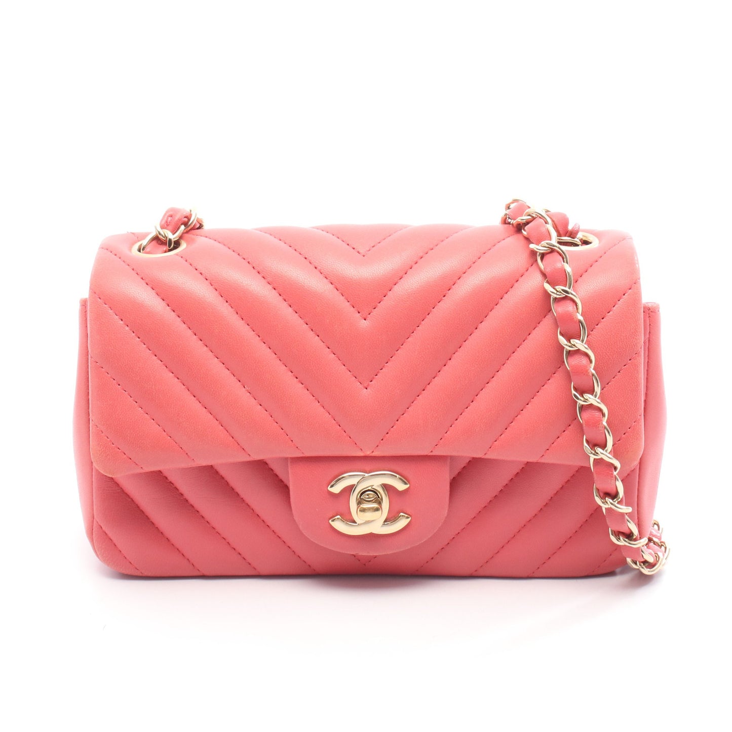 シェブロン Vステッチ ミニ 20 チェーンショルダーバッグ レザー ピンク ゴールド金具 シャネル バッグ CHANEL