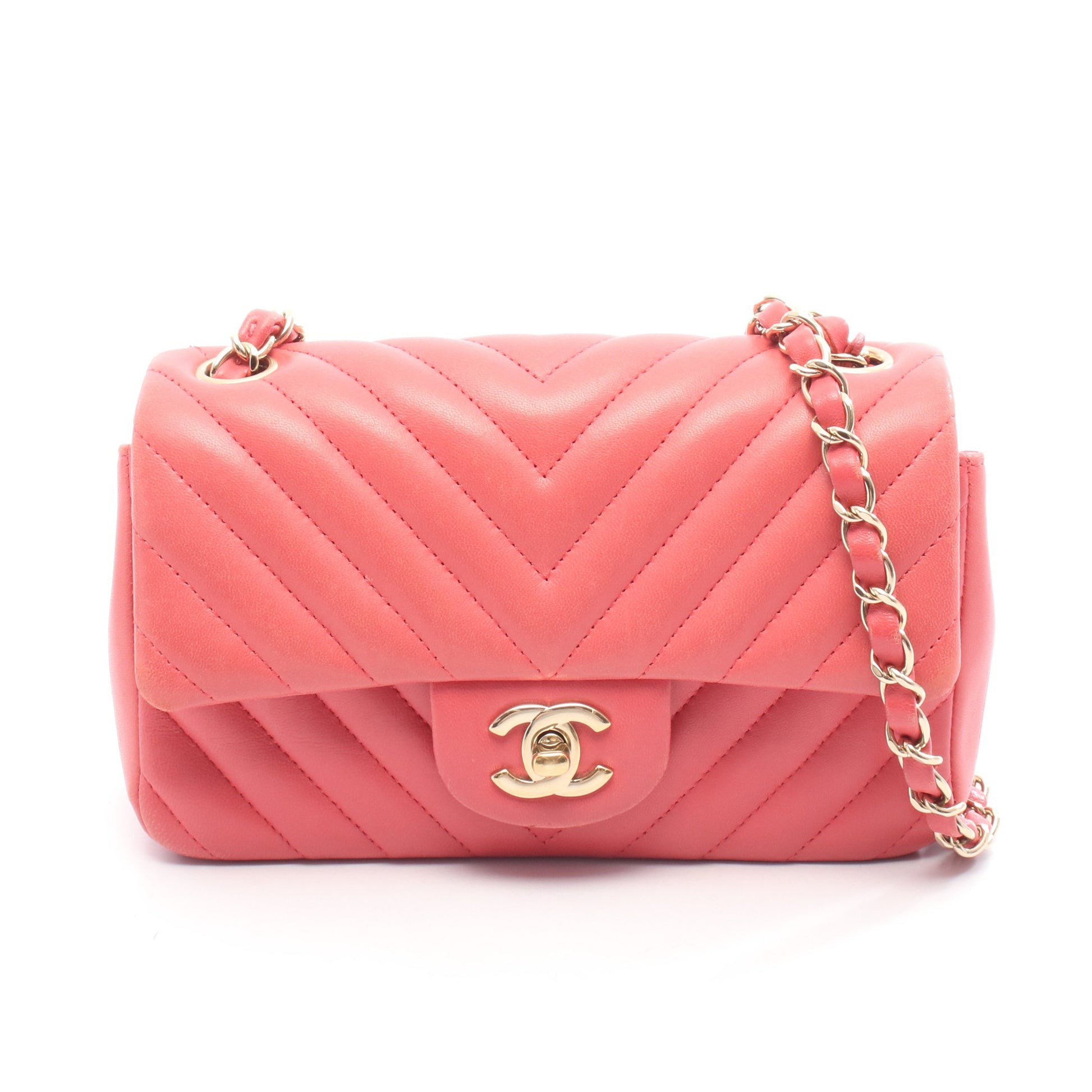 シェブロン Vステッチ ミニ 20 チェーンショルダーバッグ レザー ピンク ゴールド金具 シャネル バッグ CHANEL
