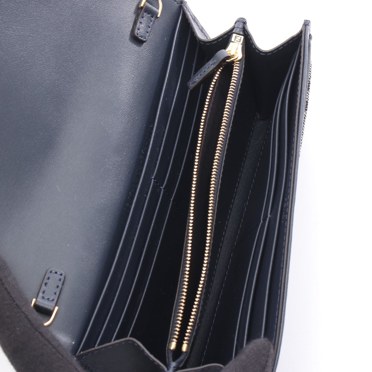 バゲットウォレットオンチェーン FFジャカード チェーンウォレット デニム レザー ダークネイビー フェンディ バッグ FENDI