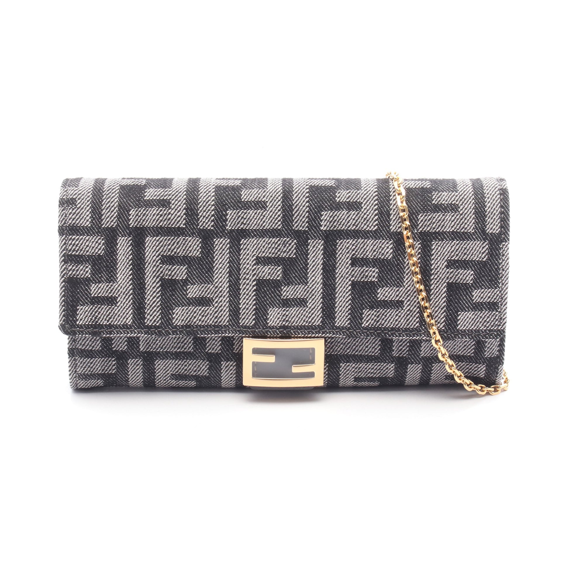 バゲットウォレットオンチェーン FFジャカード チェーンウォレット デニム レザー ダークネイビー フェンディ バッグ FENDI