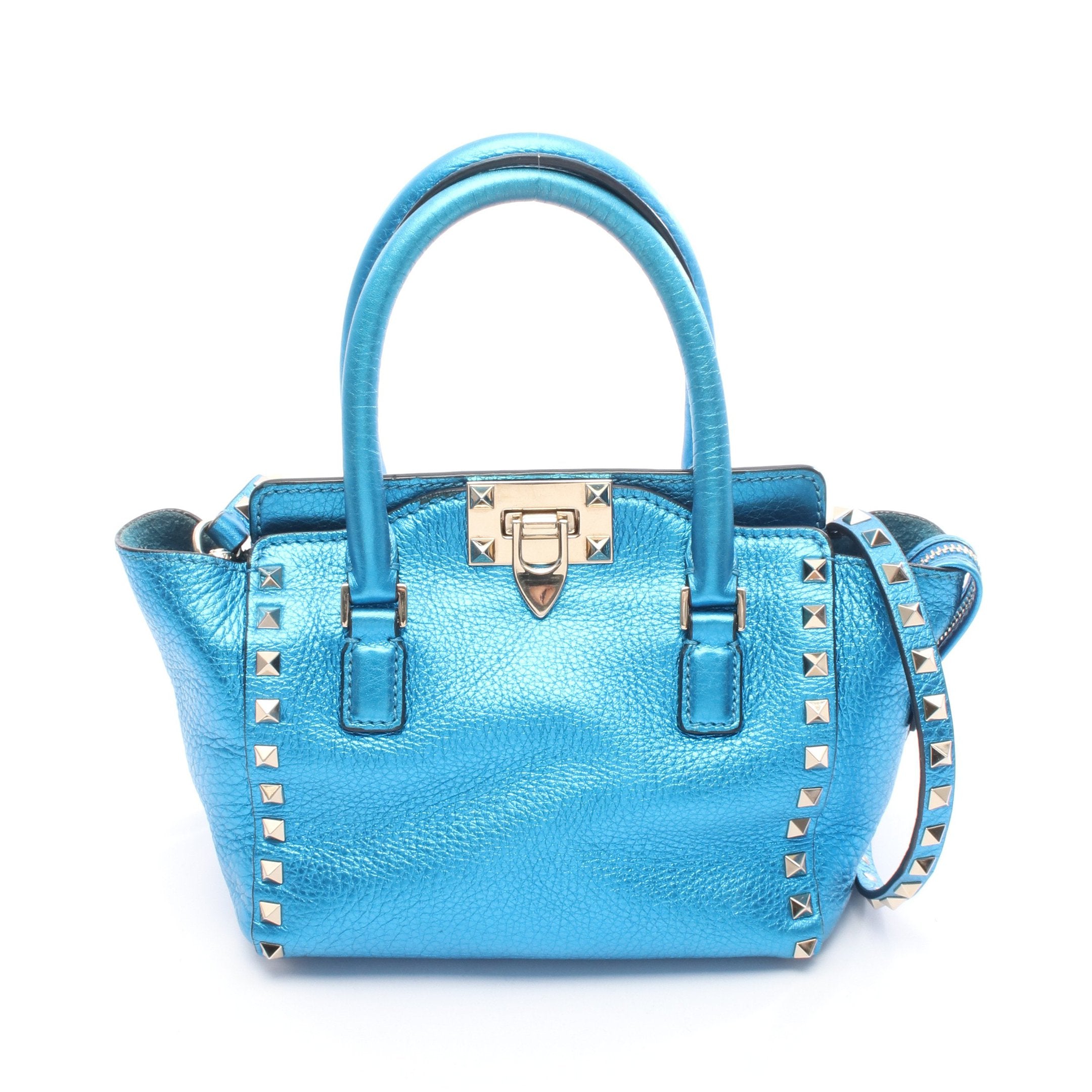 ロックスタッズ ハンドバッグ レザー ブルー メタリック 2WAY