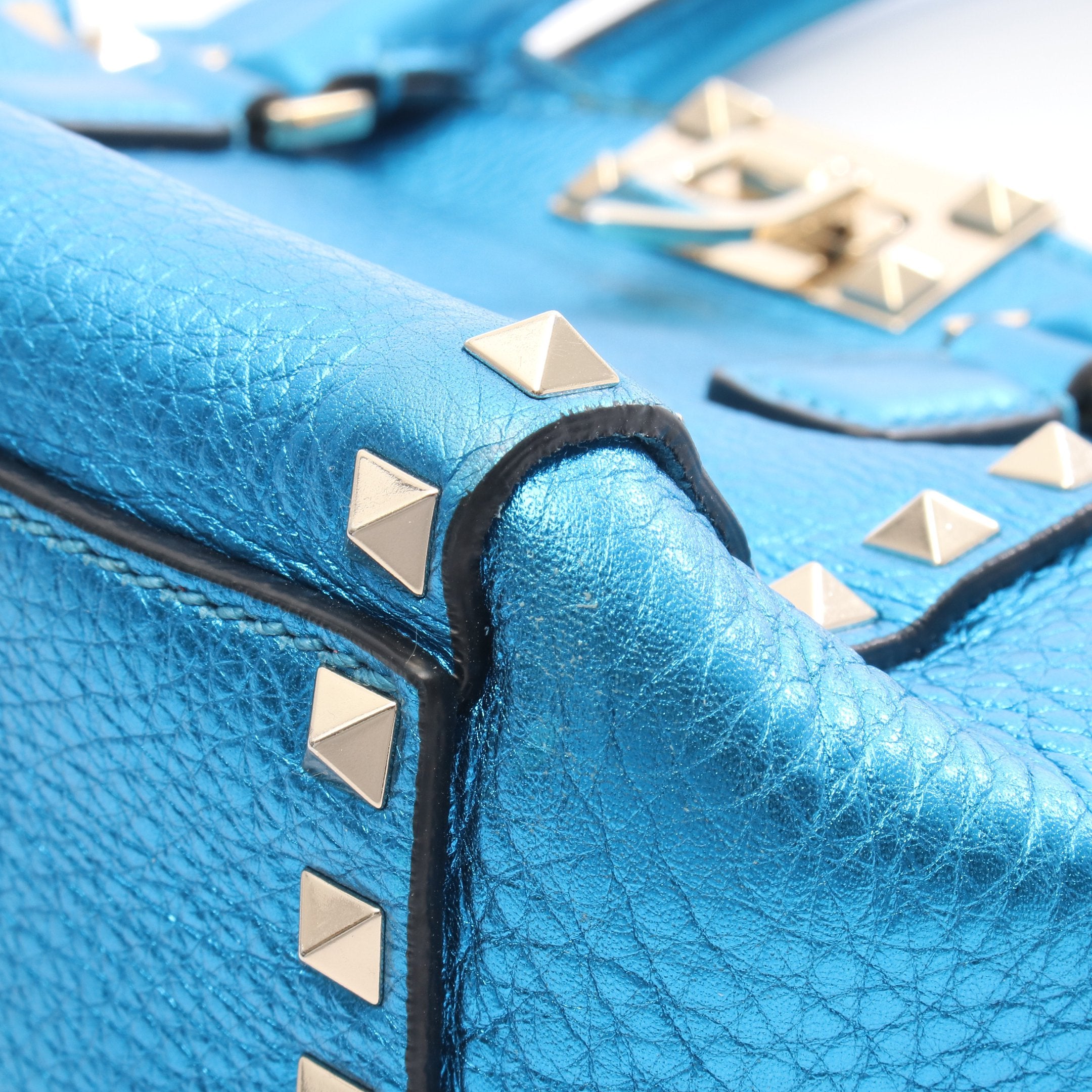 ロックスタッズ ハンドバッグ レザー ブルー メタリック 2WAY