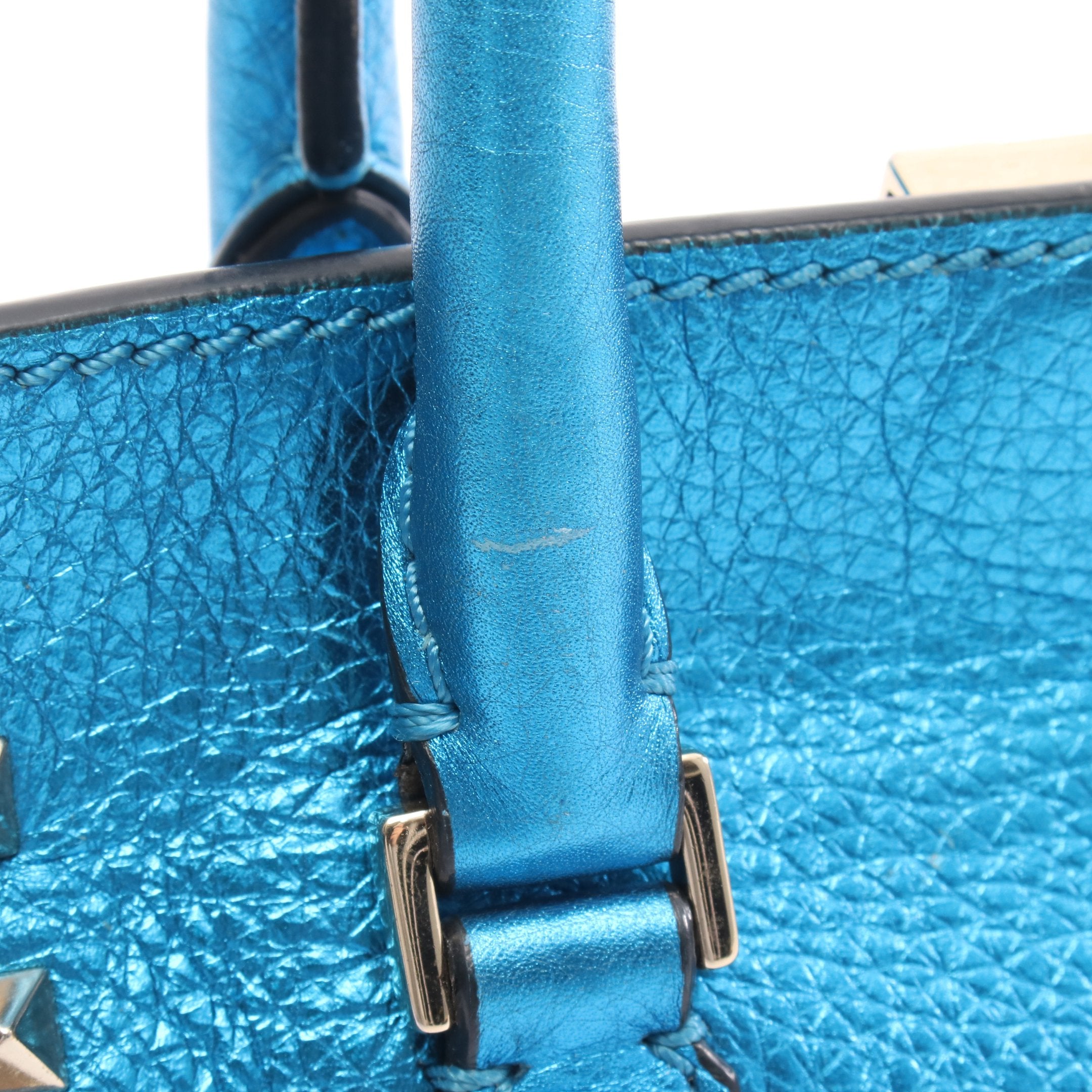 ロックスタッズ ハンドバッグ レザー ブルー メタリック 2WAY