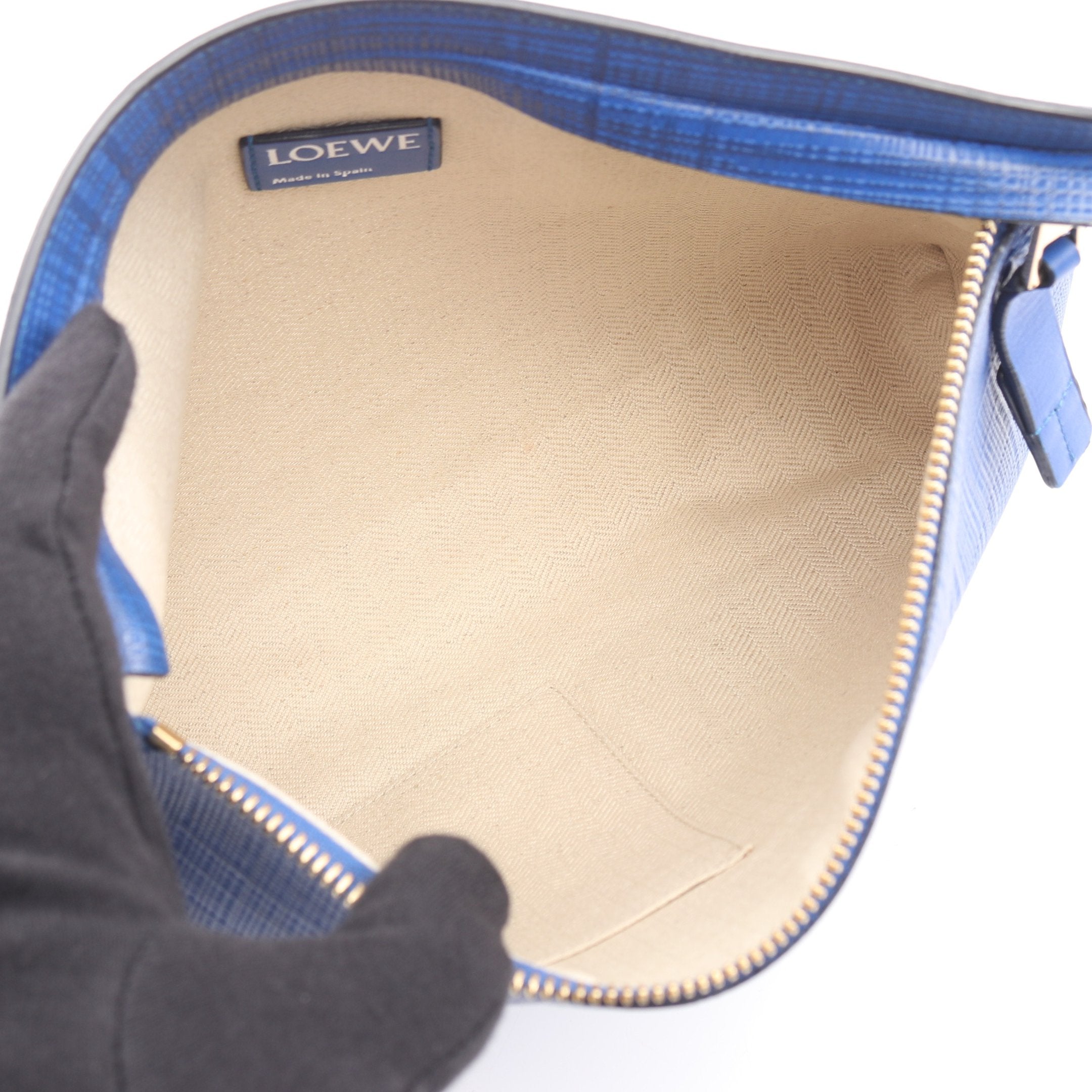 Tポーチ リネン アナグラム クラッチバッグ レザー ブルー ロエベ – RECLO