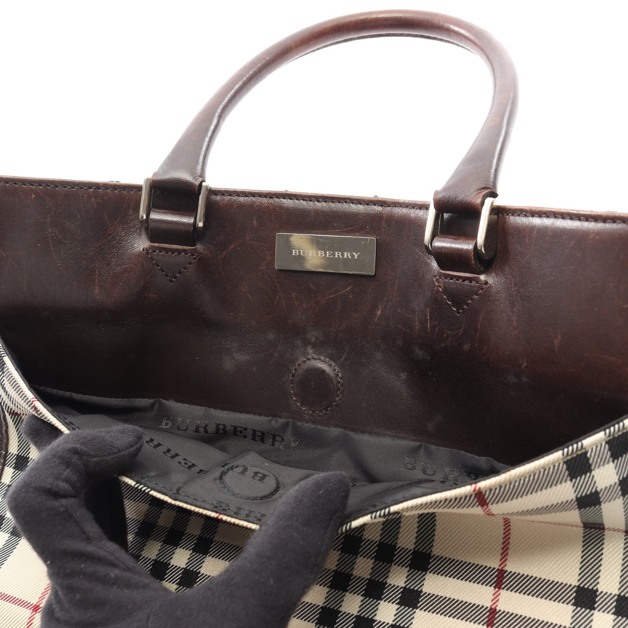 ✨極美品✨バーバリー ハンドバッグ ノバチェック ロゴ型押し キャンバス レザー 極美品』バーバリーハンドバックノバチェック柄キャンバスレザー