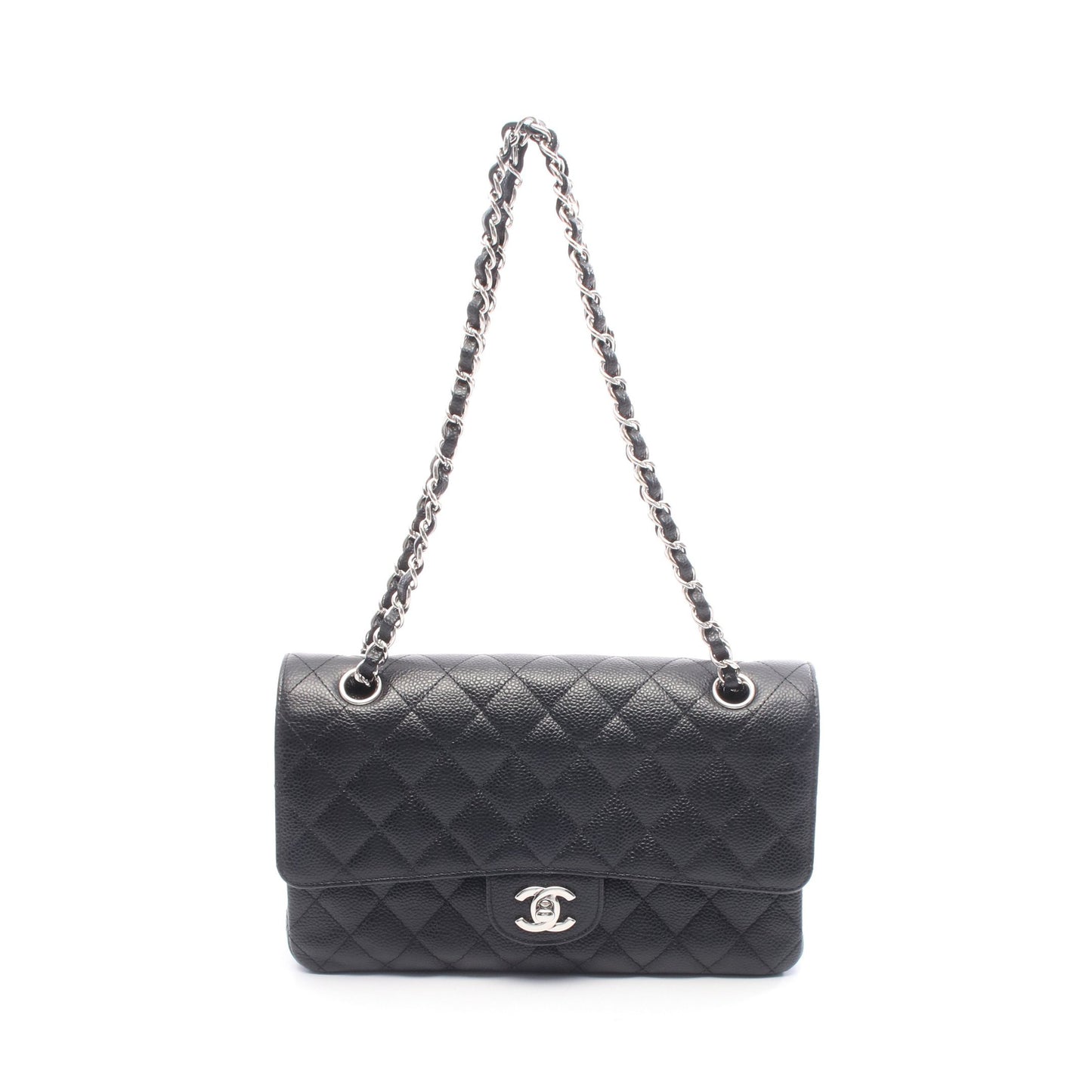 マトラッセ Wフラップ Wチェーンショルダーバッグ キャビアスキン ブラック シルバー金具 シャネル バッグ CHANEL