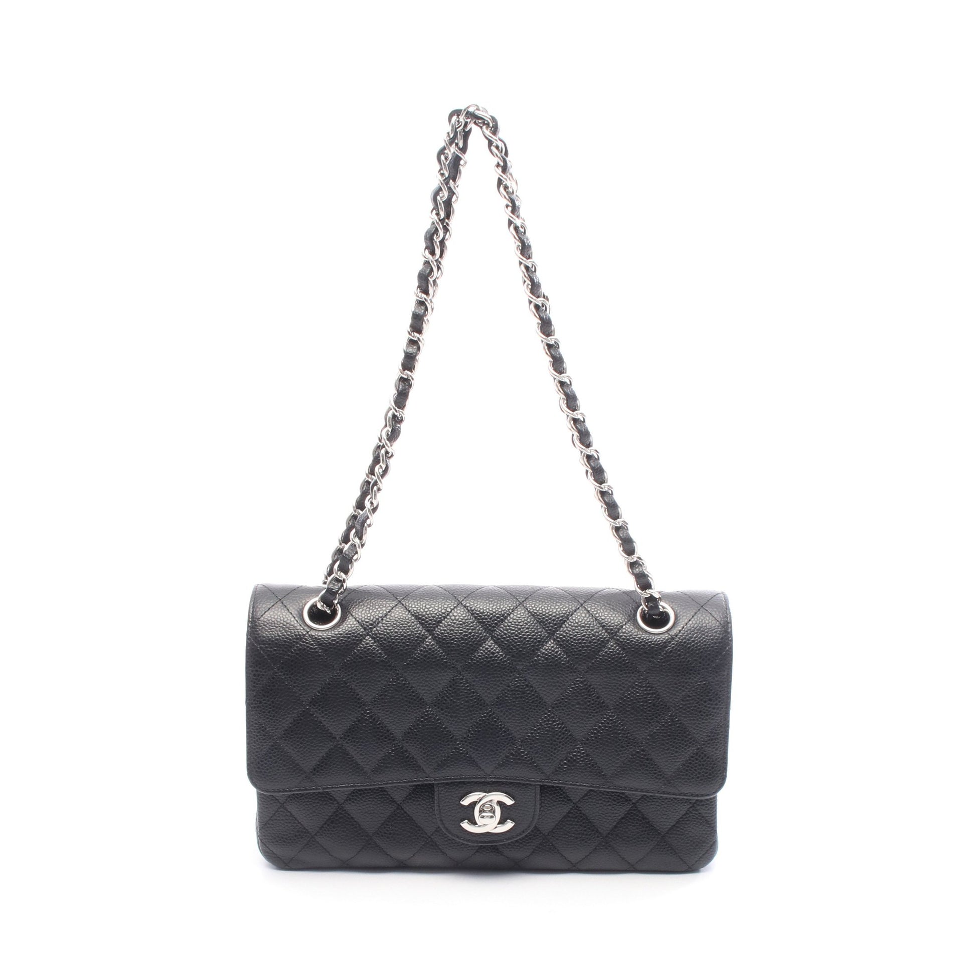 マトラッセ Wフラップ Wチェーンショルダーバッグ キャビアスキン ブラック シルバー金具 シャネル バッグ CHANEL