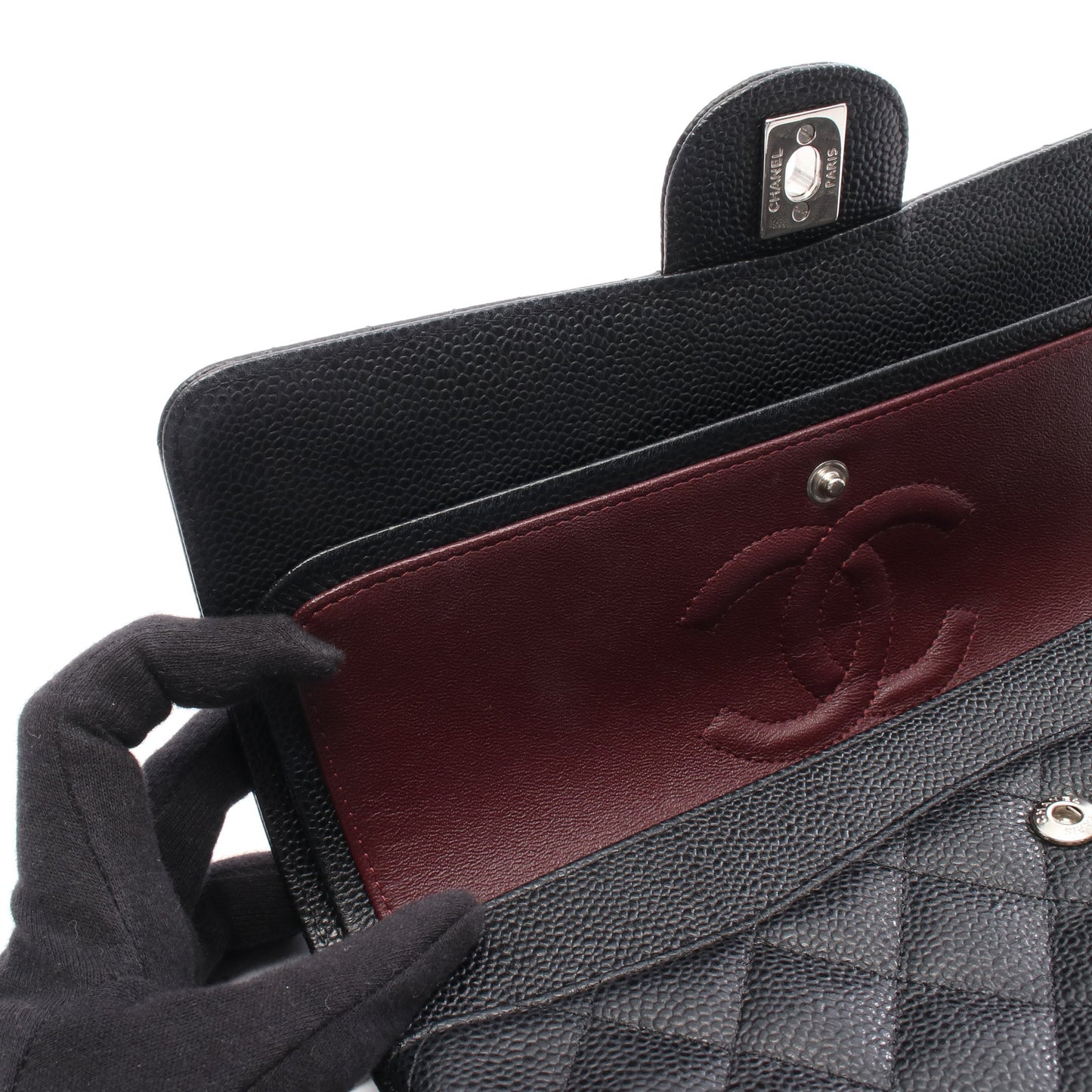 マトラッセ Wフラップ Wチェーンショルダーバッグ キャビアスキン ブラック シルバー金具 シャネル バッグ CHANEL