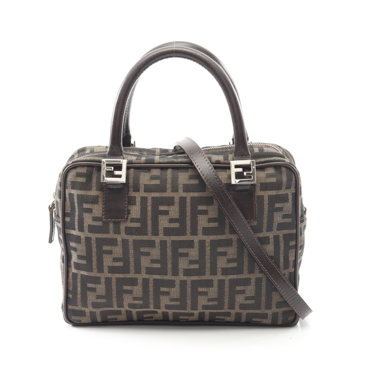 ズッカ ハンドバッグ キャンバス レザー ブラウン ダークブラウン 2WAY フェンディ バッグ FENDI