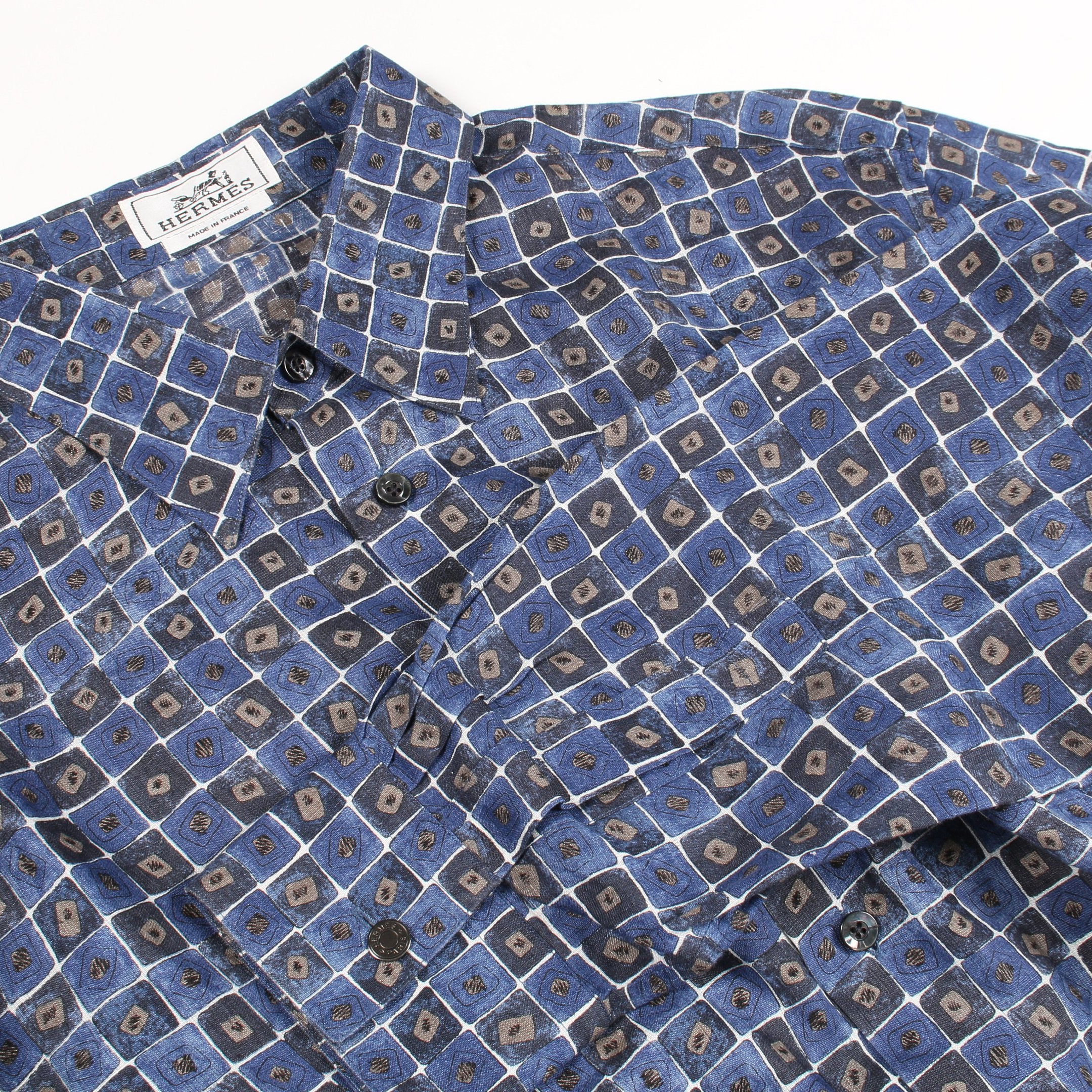 シャツ 長袖 総柄 リネン ネイビー ブルー エルメス – RECLO