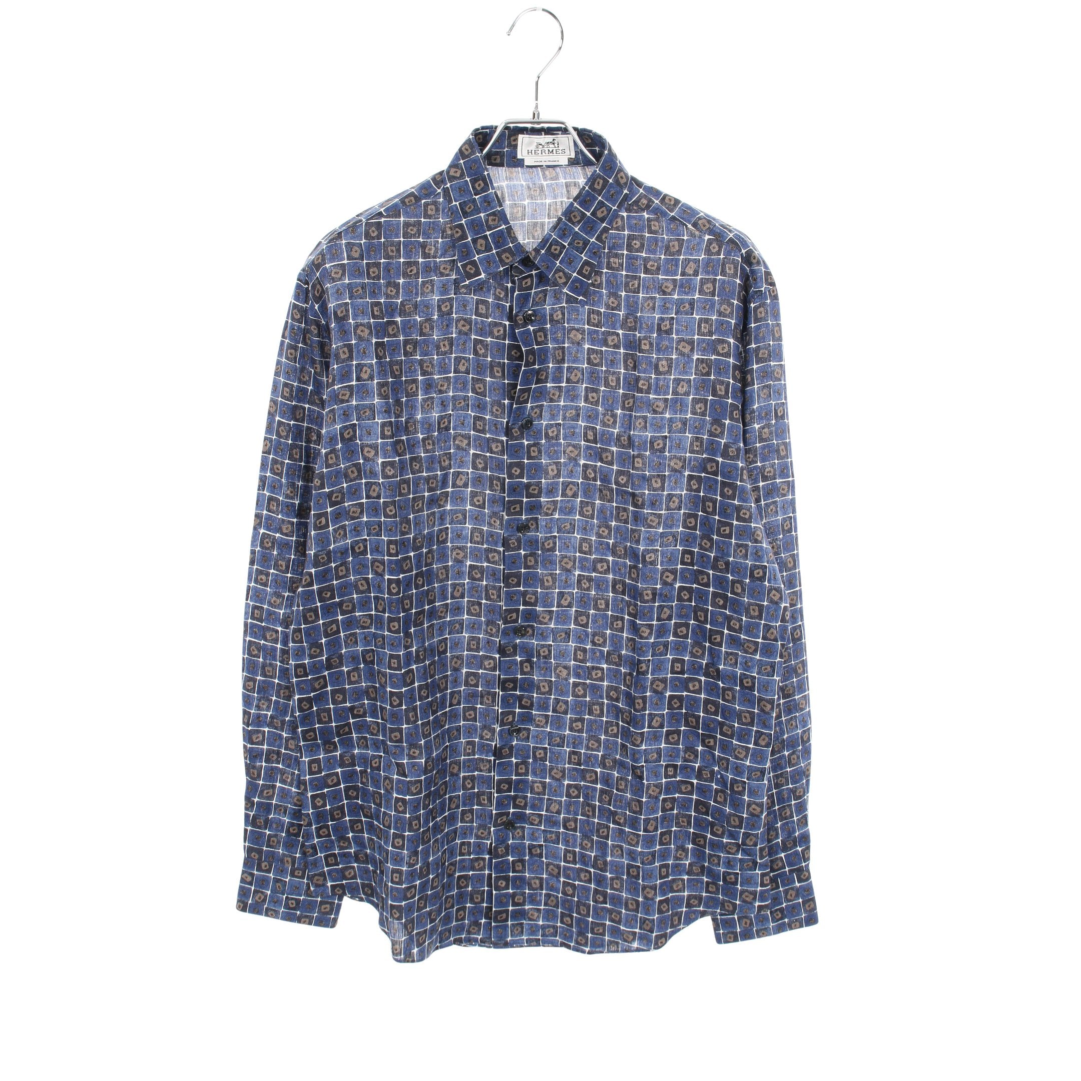シャツ 長袖 総柄 リネン ネイビー ブルー エルメス – RECLO