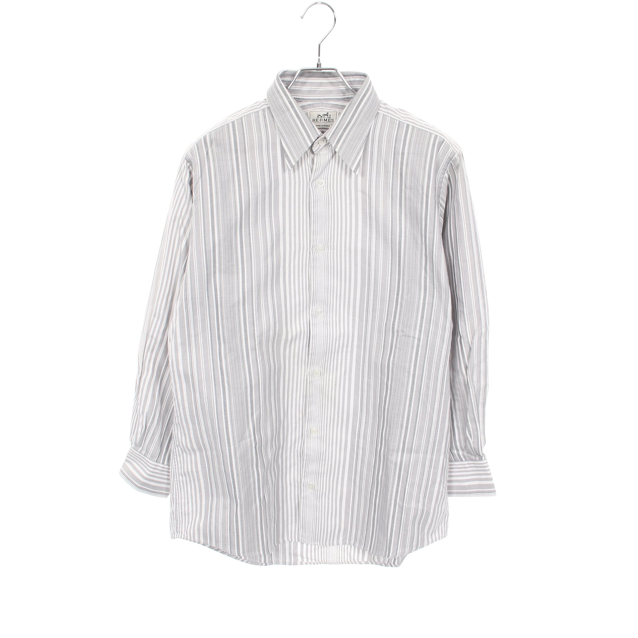 HERMES長袖シャツ ホワイト・グレー セリエボタン シャツ 長袖 ストライプ コットン ライトグレー ホワイト