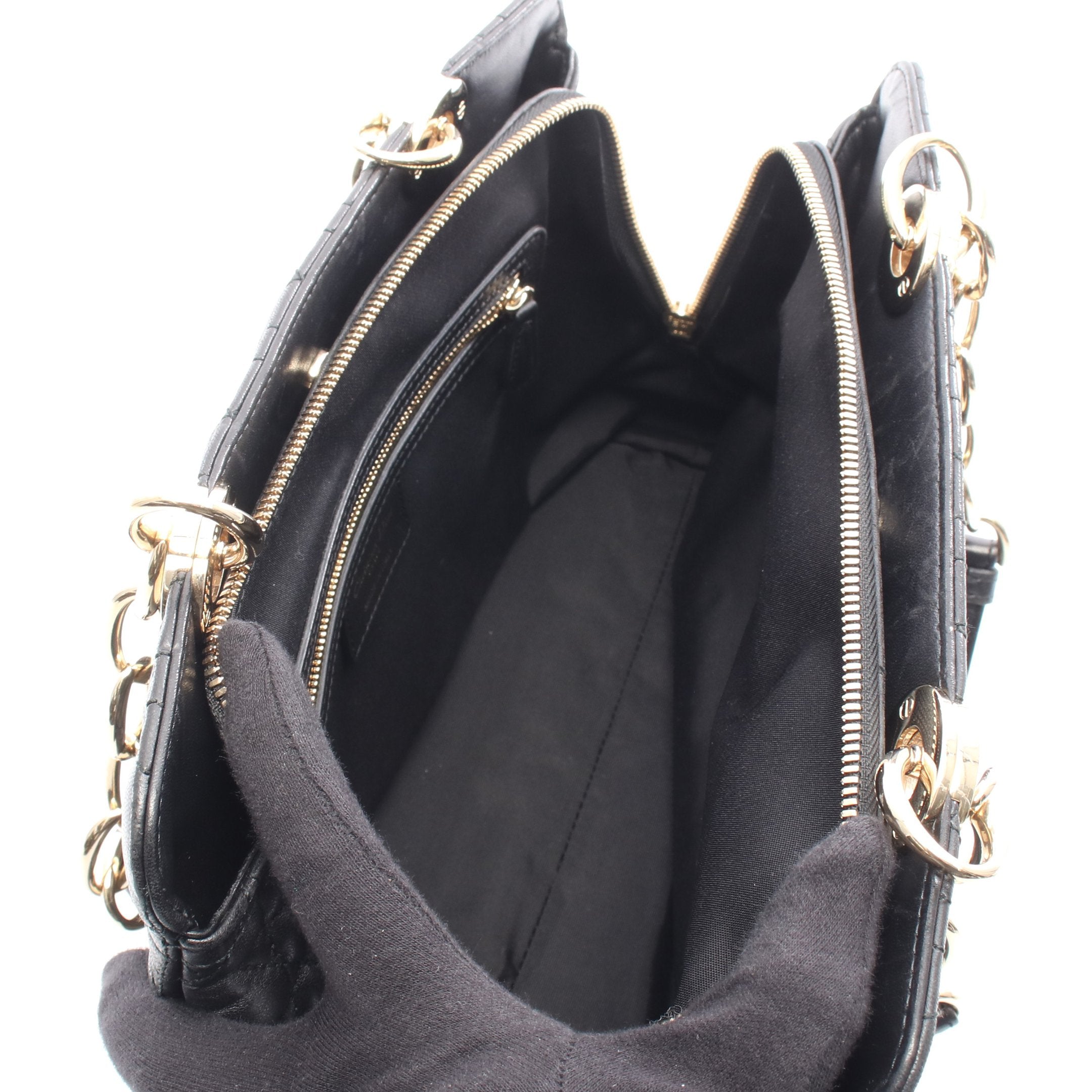 ディオール　ブラックレザーショルダーバッグ カナージュ　チェーン LADY DIOR レディディオール カナージュ チェーンショルダーバッグ