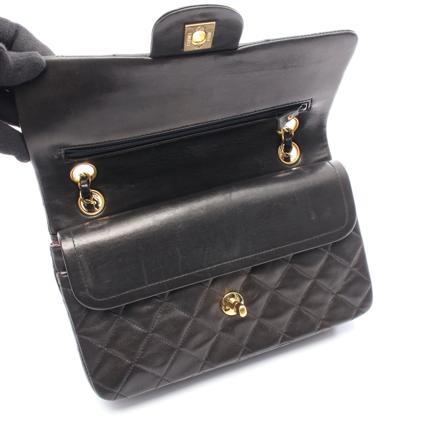 マトラッセ Wフラップ Wチェーンショルダーバッグ ラムスキン ブラック ゴールド金具 シャネル バッグ CHANEL