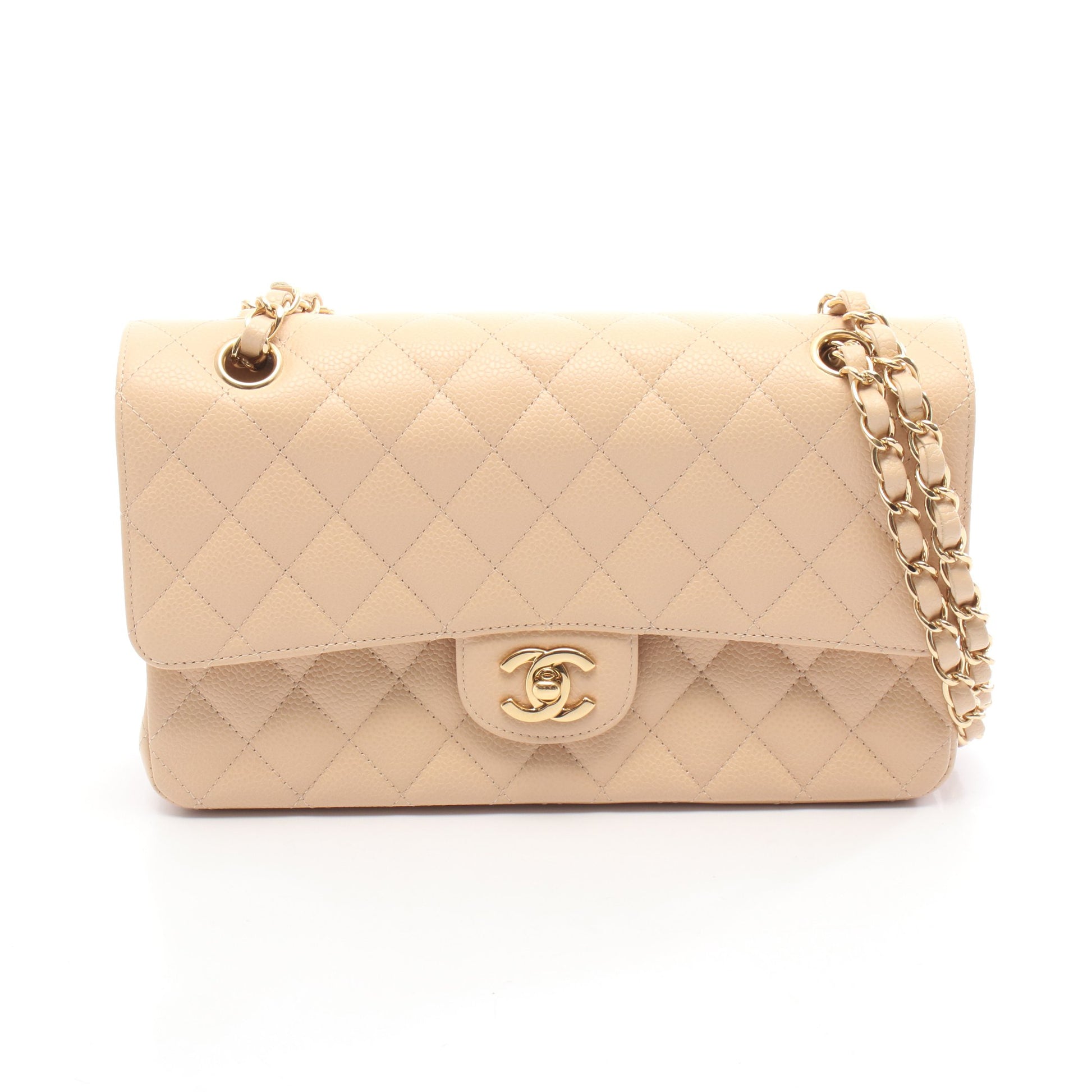 マトラッセ Wフラップ Wチェーンショルダーバッグ キャビアスキン ベージュ ゴールド金具 シャネル バッグ CHANEL