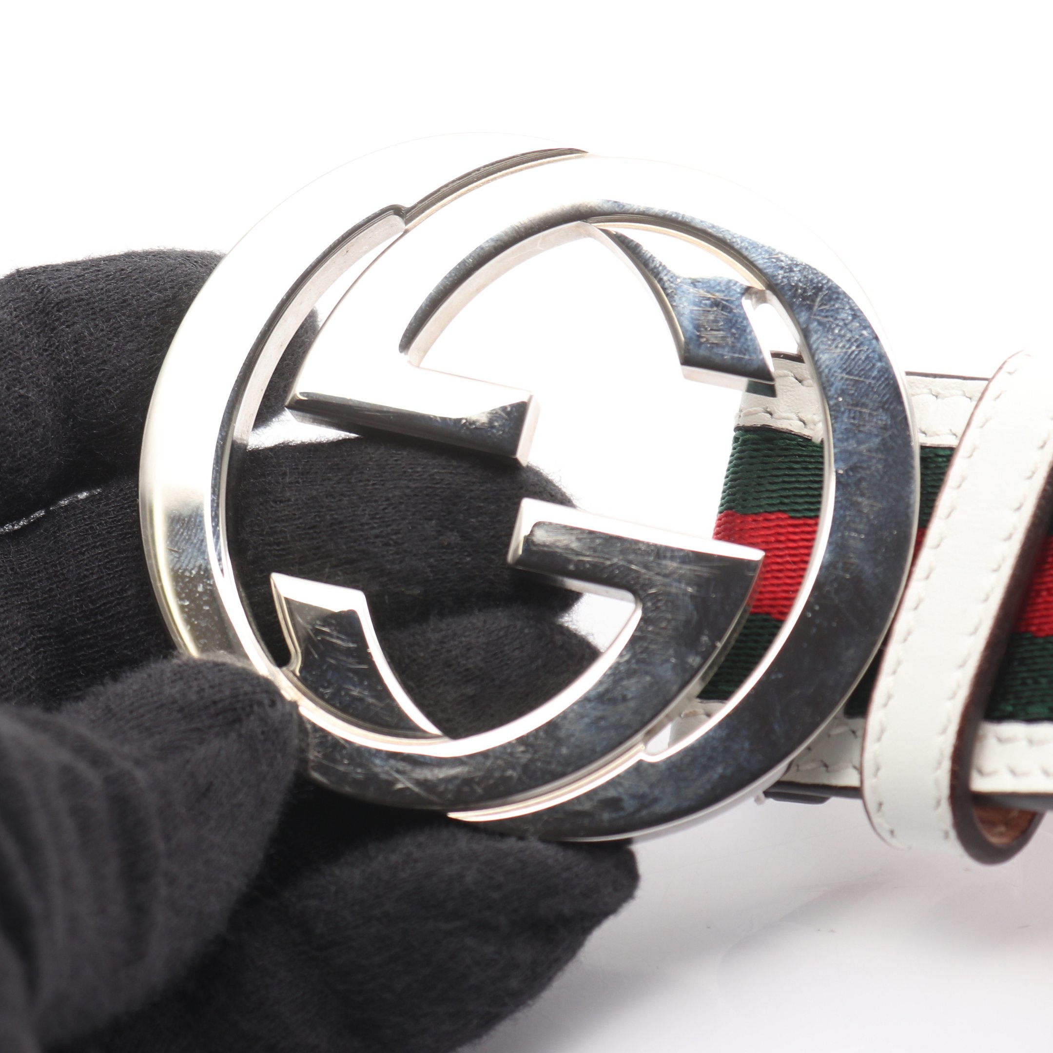 インターロッキングG シェリーライン ベルト レザー ホワイト グリーン