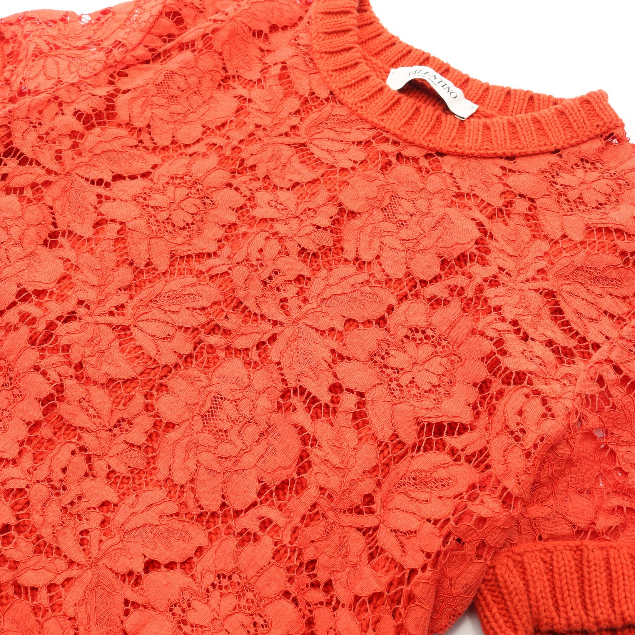 ニット 半袖 レース 花柄 コットン オレンジレッド 切替