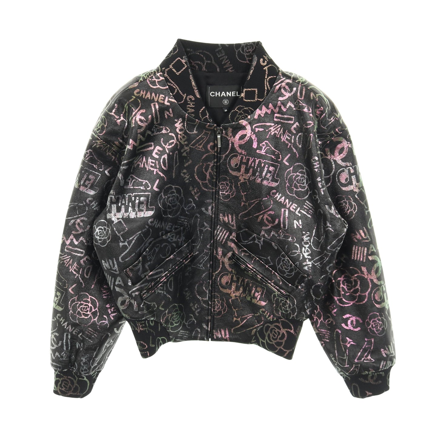 ブルゾン 総柄 ラムスキン シルク ブラック マルチカラー 偏光 シャネル アウター CHANEL