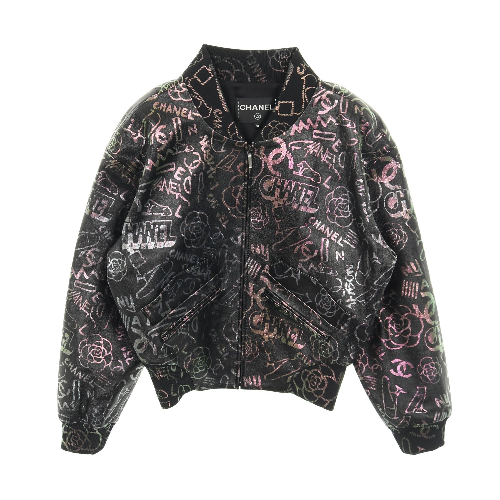 ブルゾン 総柄 ラムスキン シルク ブラック マルチカラー 偏光 シャネル アウター CHANEL