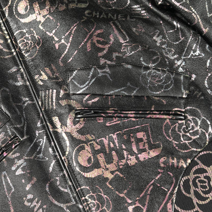 ブルゾン 総柄 ラムスキン シルク ブラック マルチカラー 偏光 シャネル アウター CHANEL