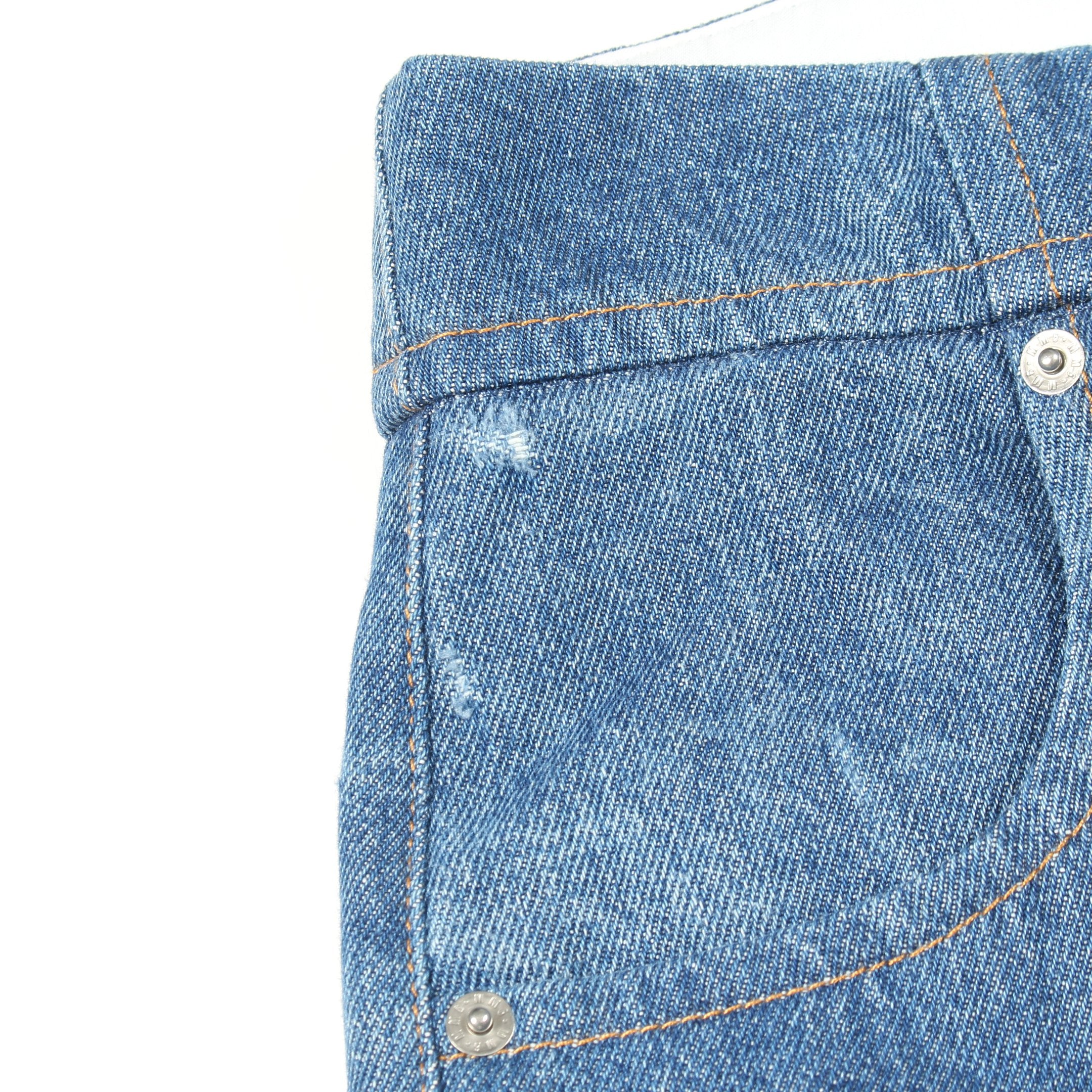 デニムパンツ コットン ブルー ボタンフライ ダメージ加工 エムエム