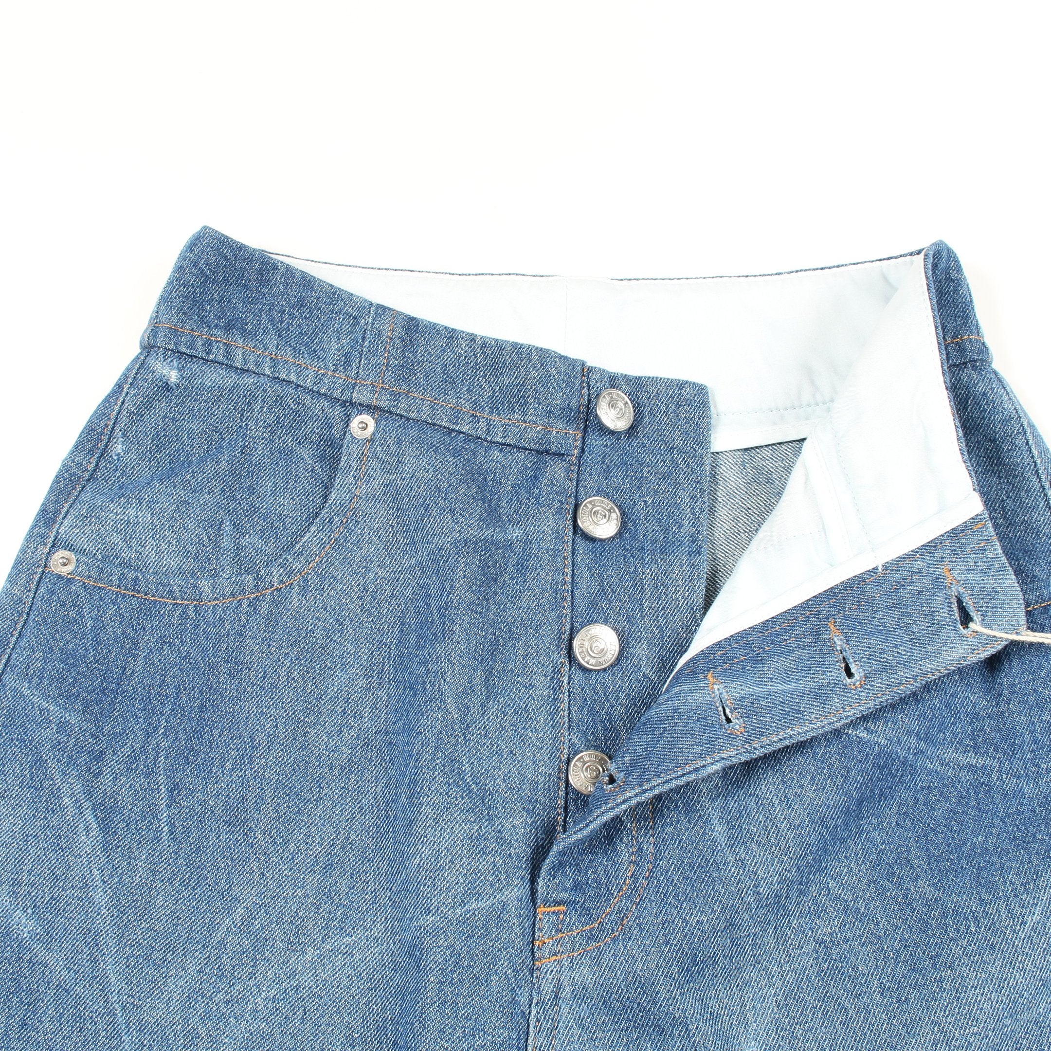 デニムパンツ コットン ブルー ボタンフライ ダメージ加工 エムエム