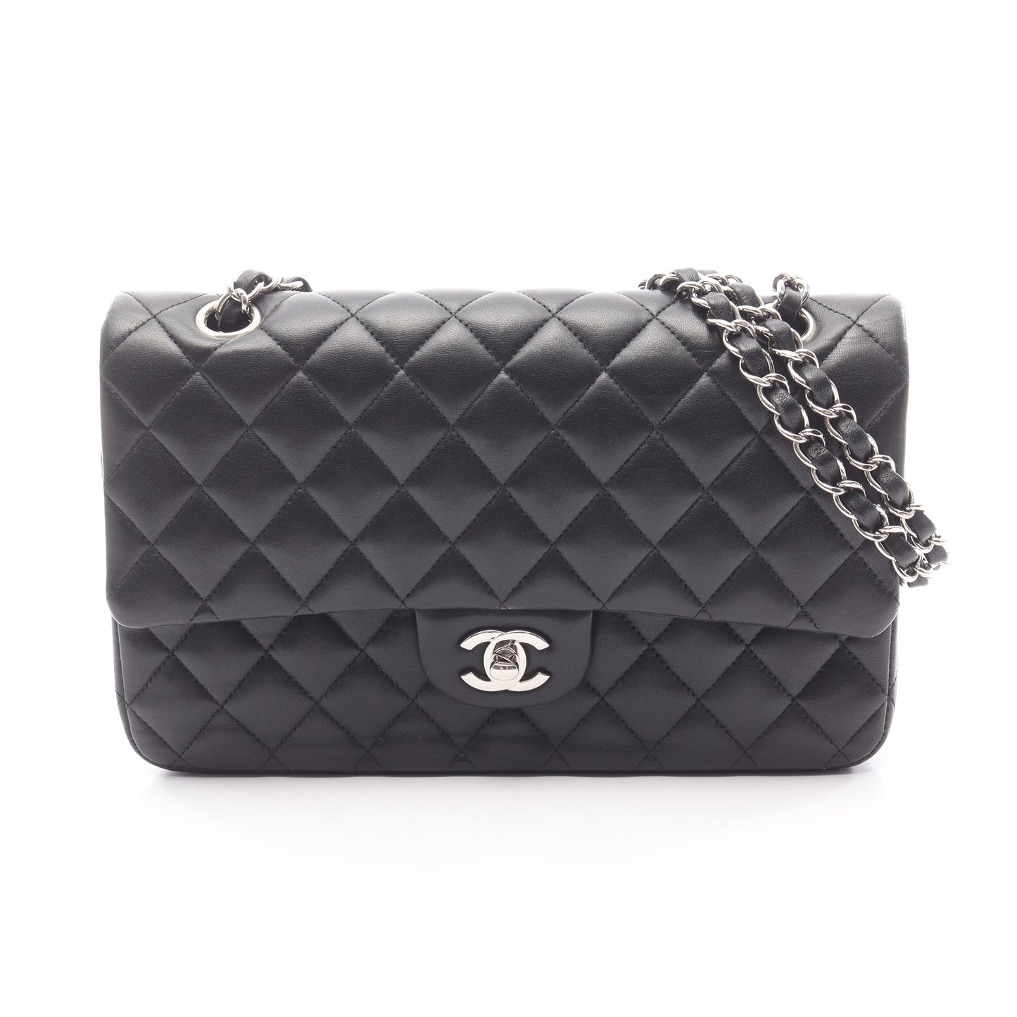マトラッセ Wフラップ Wチェーンショルダーバッグ ラムスキン ブラック シルバー金具 シャネル バッグ CHANEL