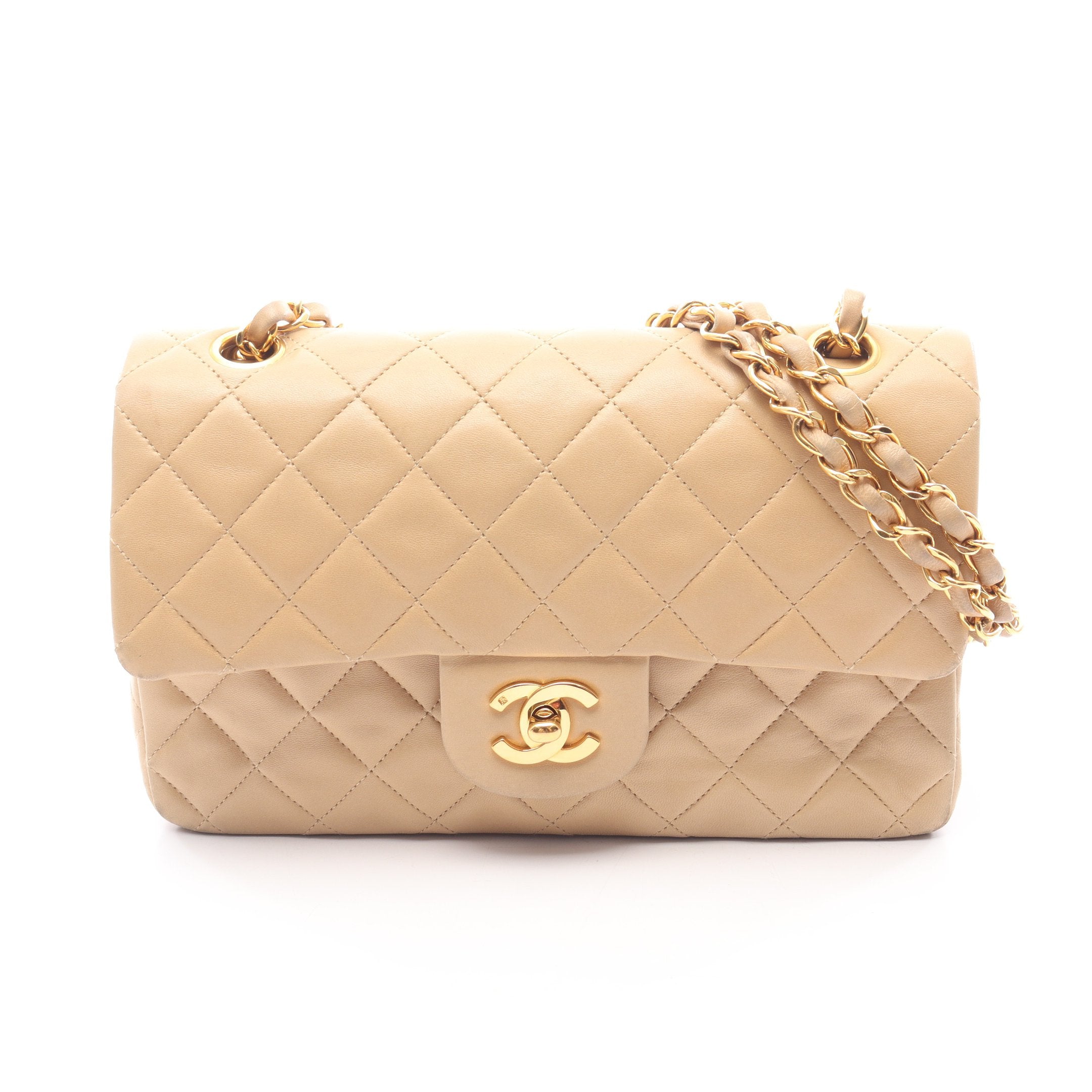 【5pb2606】シャネル ショルダーバッグ マトラッセ Wフラップ Wチェーン ラムスキン ベージュ ゴールド金具【中古】レディース マトラッセ Wフラップ Wチェーンショルダーバッグ ラムスキン ベージュ