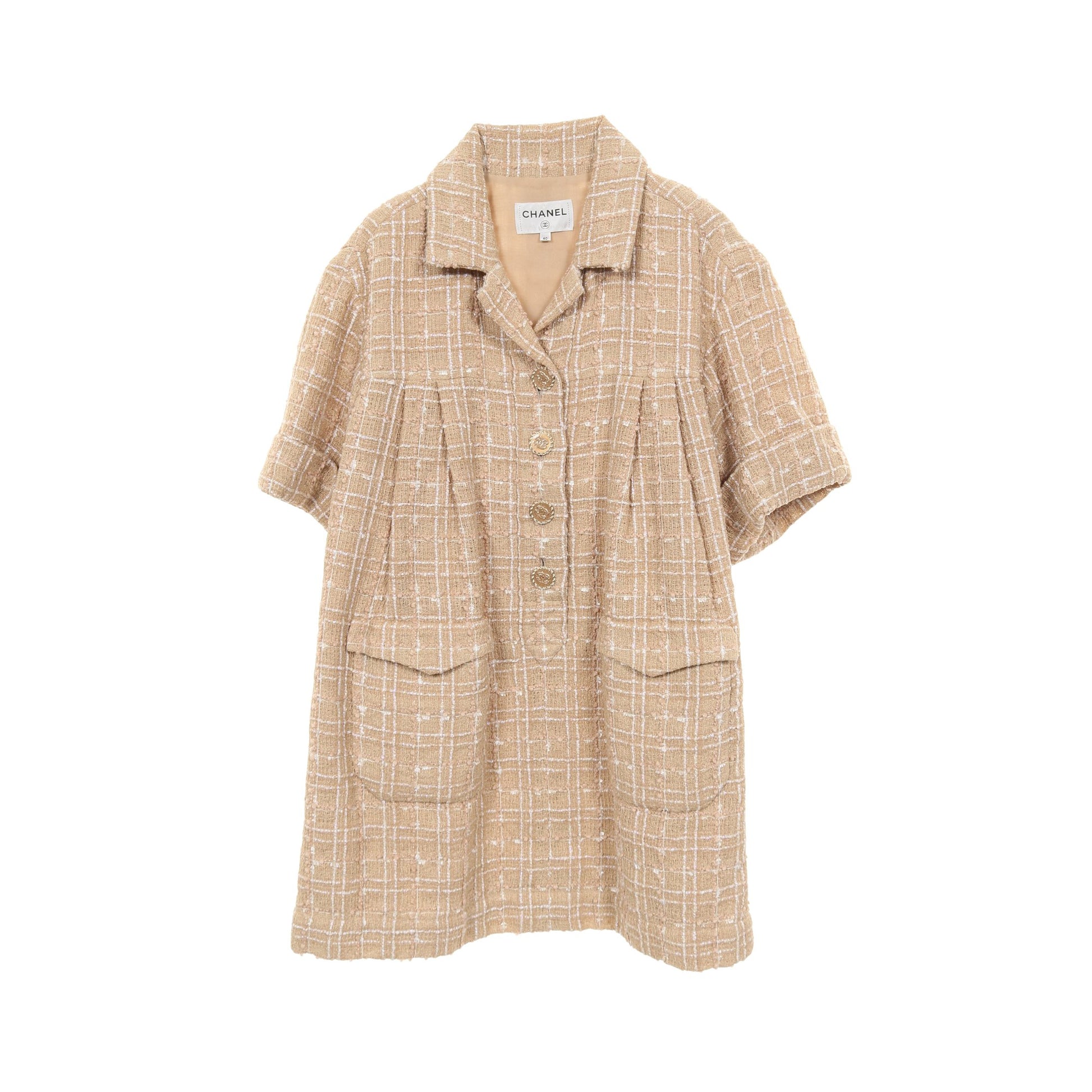 ココマークボタン ツイード ワンピース 半袖 ナイロン ベージュ シャネル ワンピース CHANEL