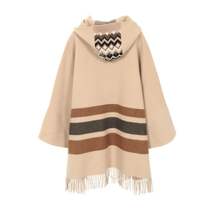 CUCITO A MANO ポンチョ ボーダー ウール ベージュ ブラウン ニット切替 フード付き マックスマーラウィークエンド アウター Max Mara Weekend