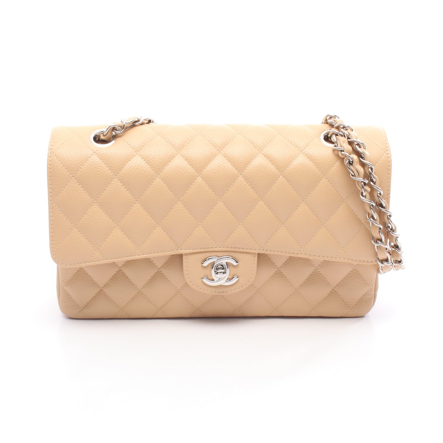 マトラッセ Wフラップ Wチェーンショルダーバッグ キャビアスキン ベージュ シルバー金具 シャネル バッグ CHANEL