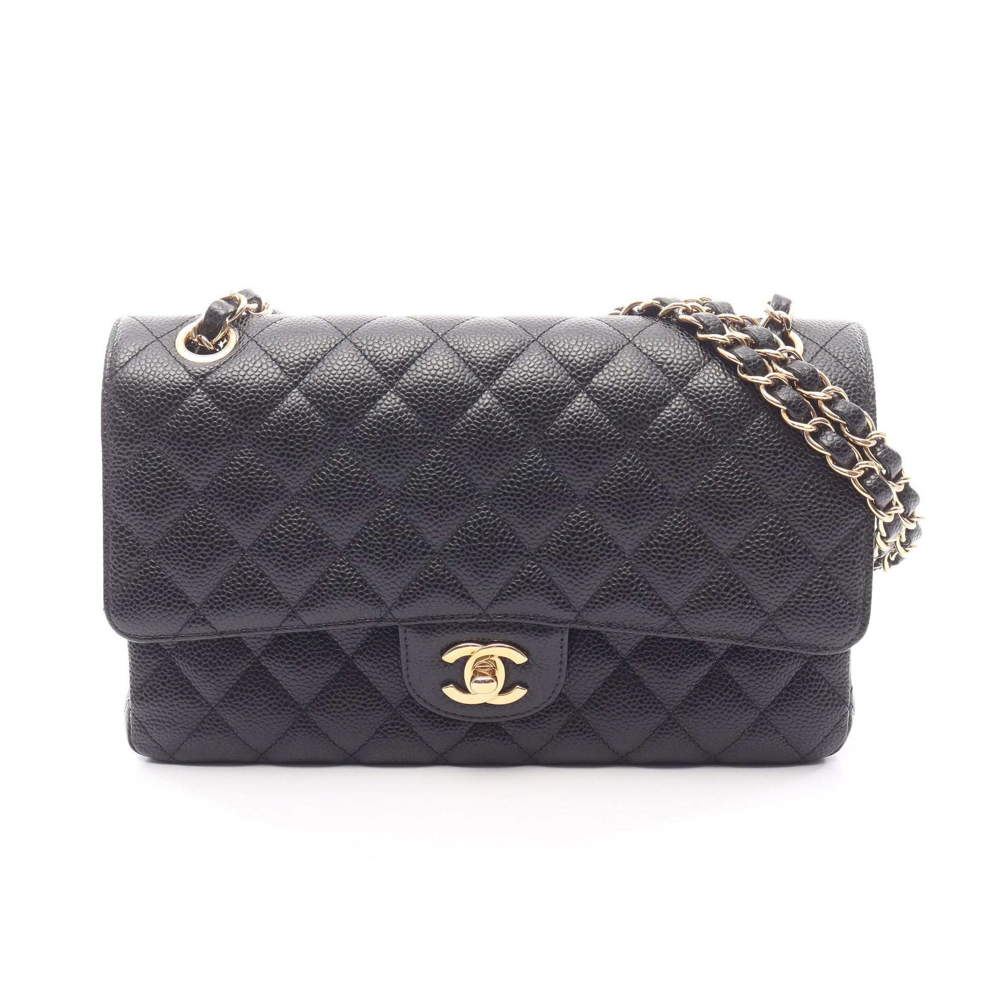 マトラッセ Wフラップ Wチェーンショルダーバッグ キャビアスキン ブラック ゴールド金具 シャネル バッグ CHANEL